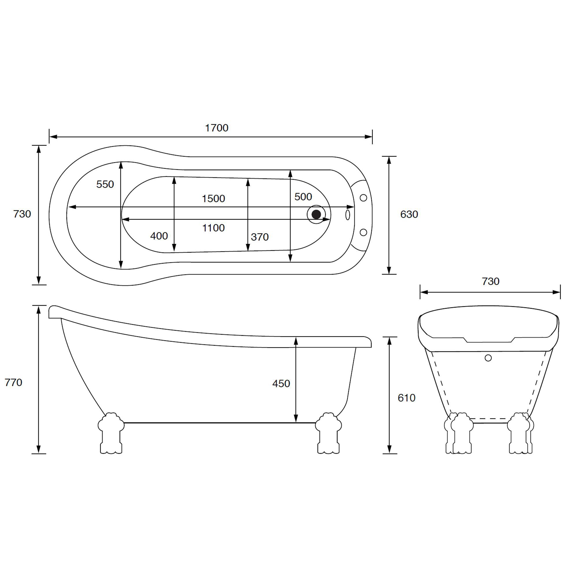 Cooke & Lewis Duchess White Oval Freestanding Bath with 2 Tap holes & Chrome effect feet (L)170cm (W)63cm