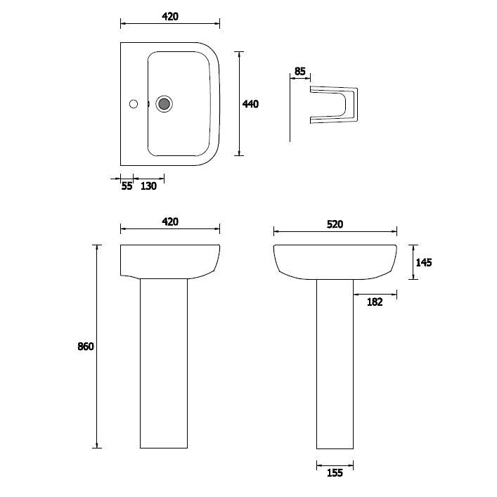 Cooke & Lewis Fabienne Gloss Alpine white Rectangular Full pedestal 1 tap hole Basin (H)86cm (W)52cm