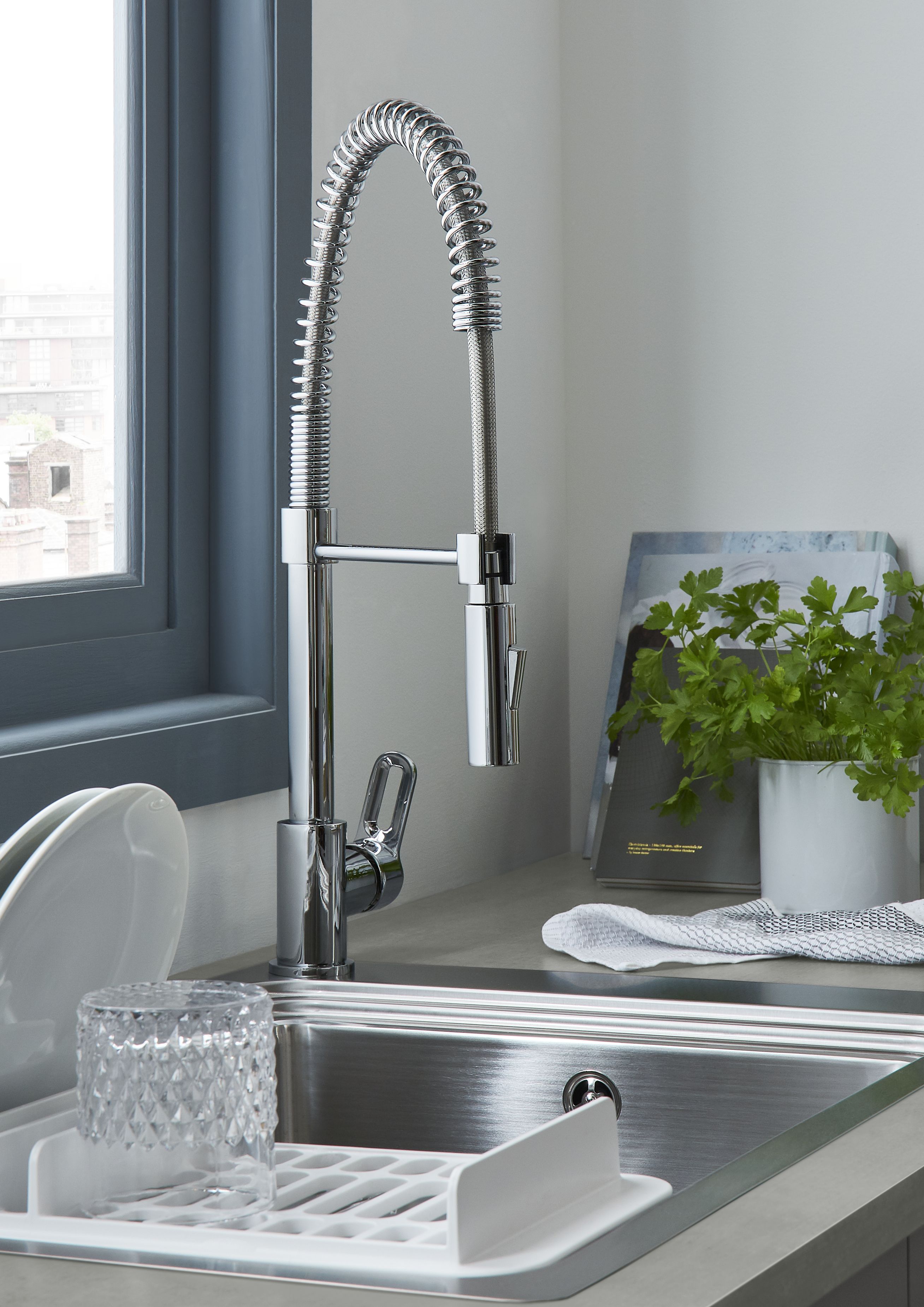 Cooke & Lewis Flinter Chrome effect Kitchen Side lever spring neck Tap