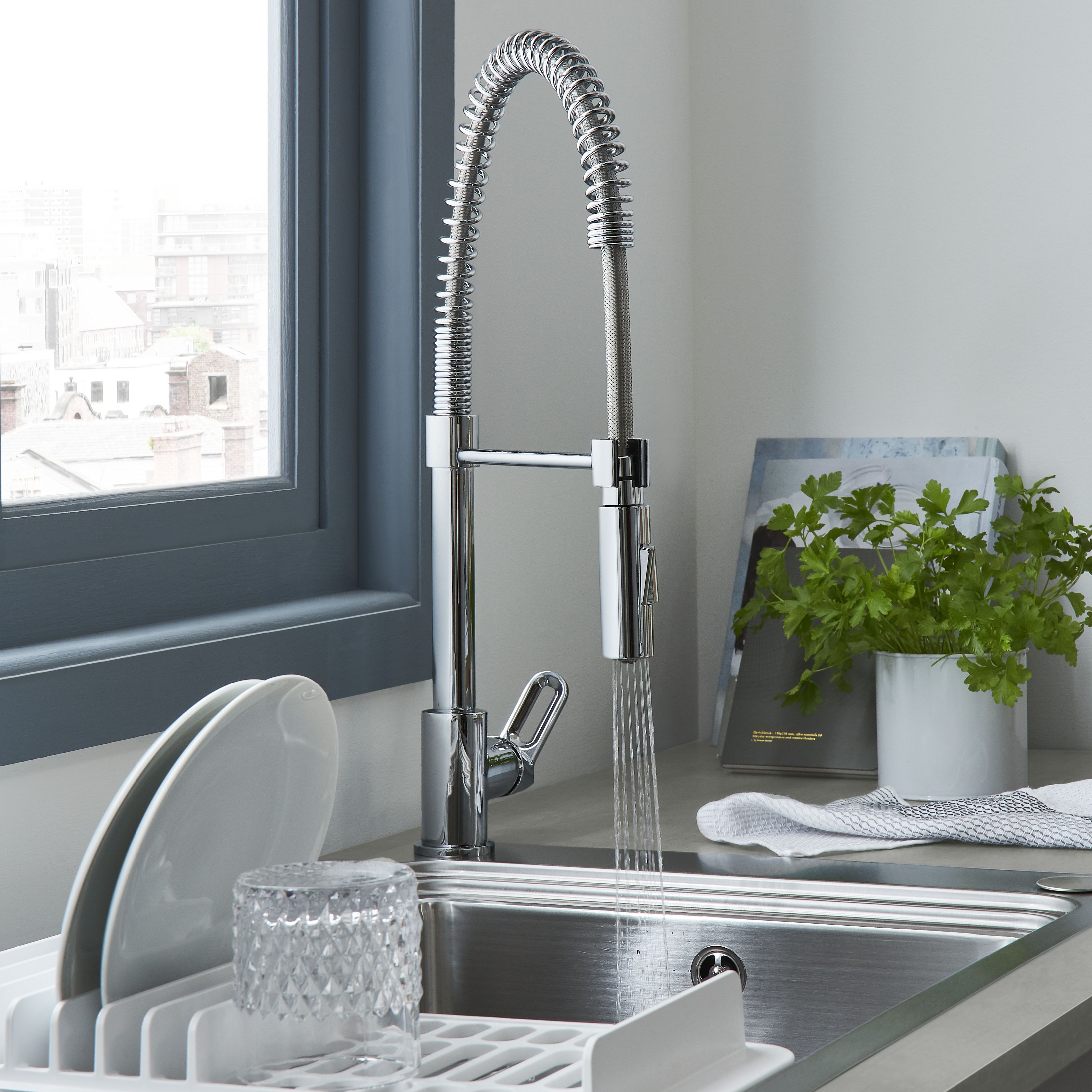 Cooke & Lewis Flinter Chrome effect Kitchen Side lever spring neck Tap