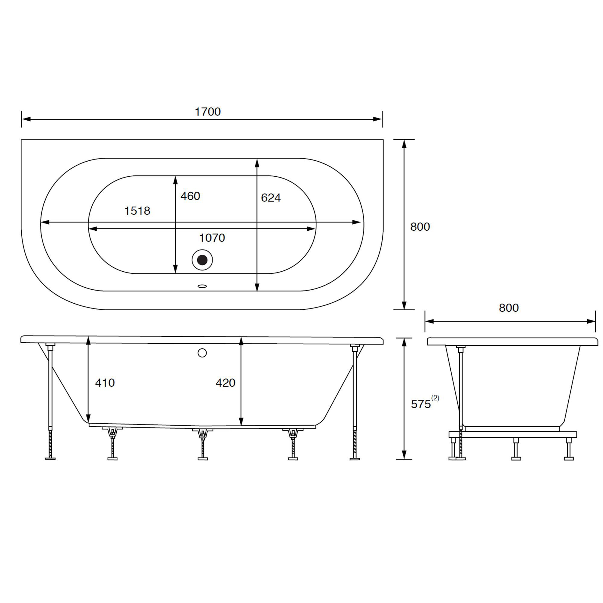 Cooke & Lewis Helena White Oval Curved Bath with 0 Tap holes (L)170cm (W)80cm