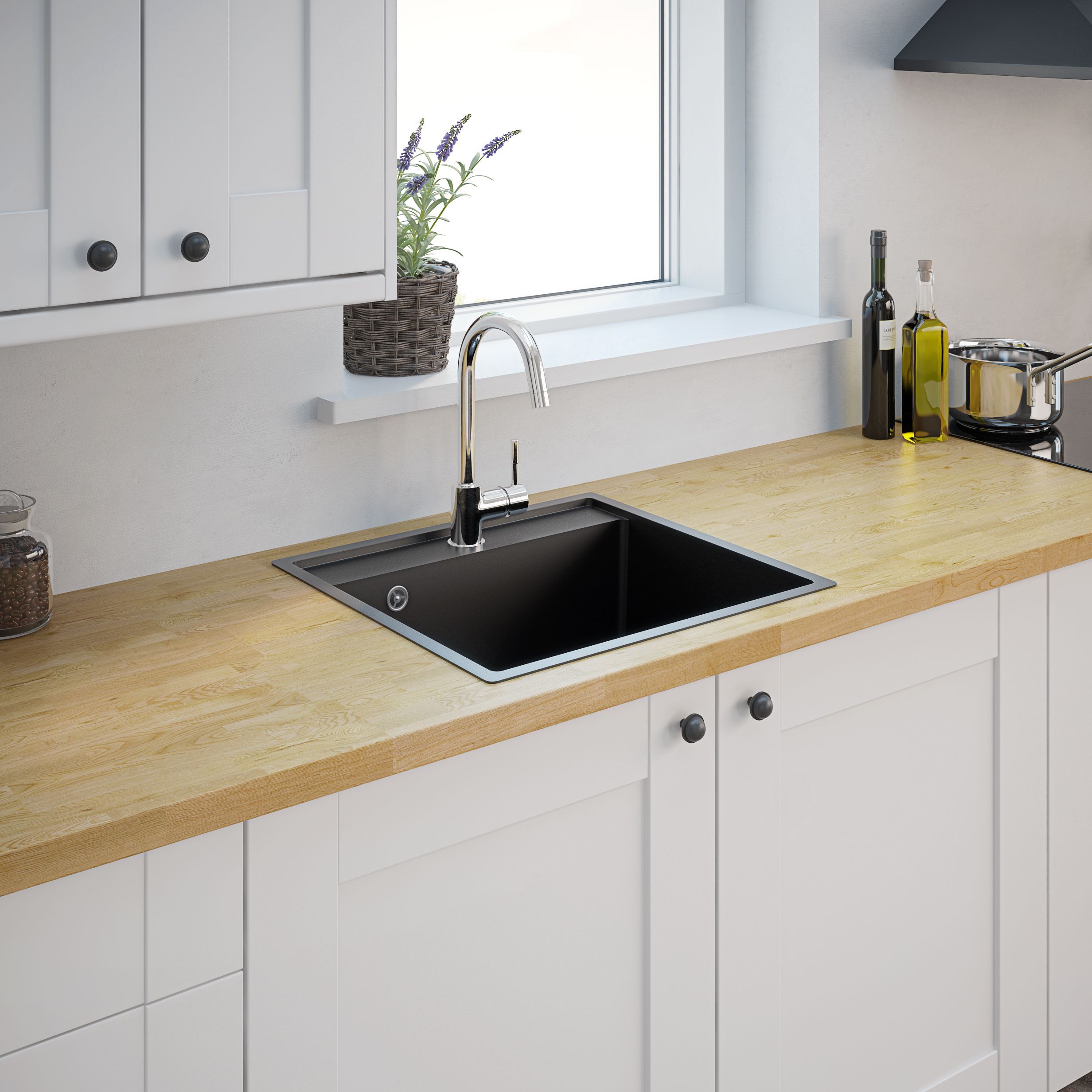 Cooke & Lewis Hirase Black Composite quartz 1 Bowl Composite sink 500mm x 530mm