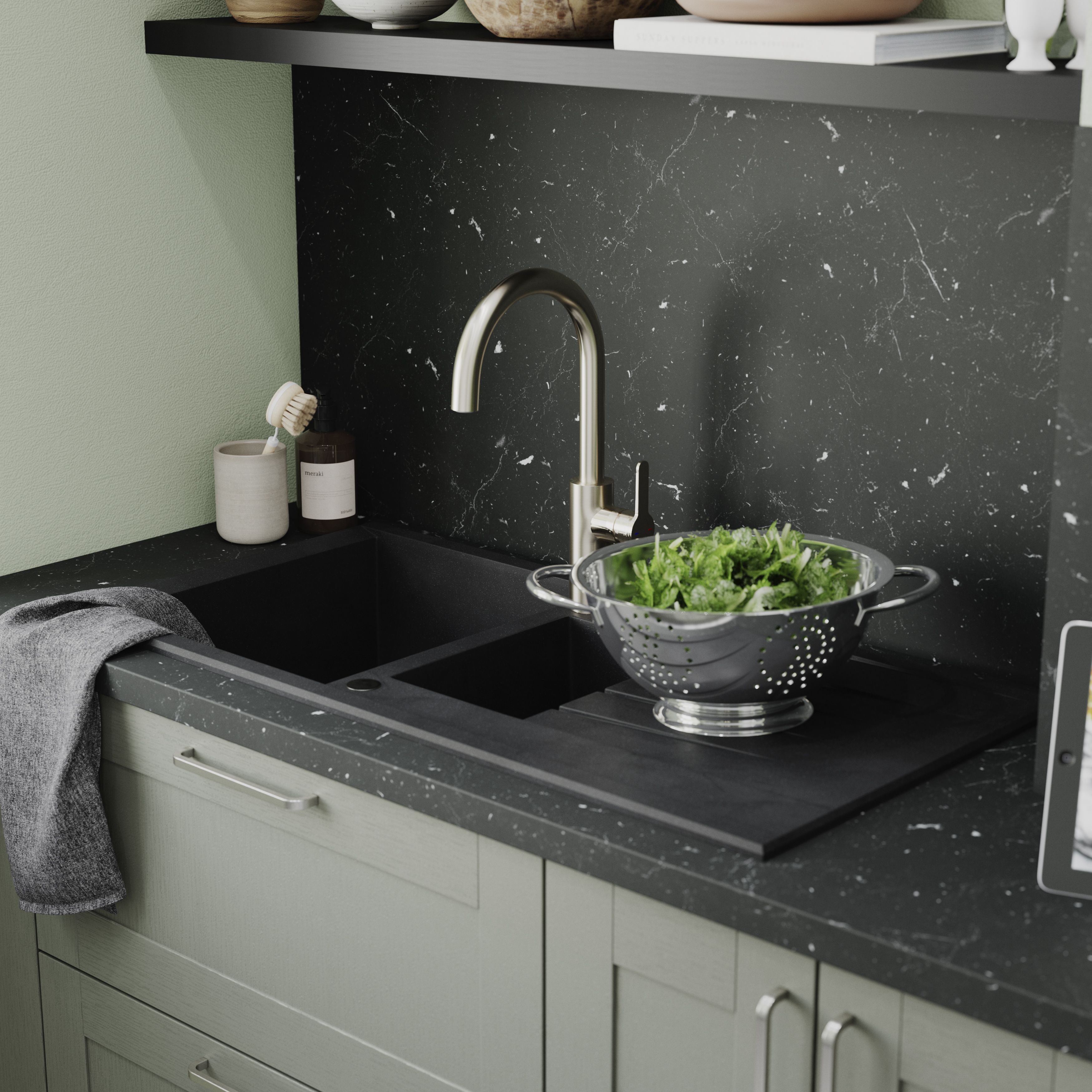 Cooke & Lewis Ising Black Resin 1.5 Bowl Sink & drainer (W)500mm x (L)1000mm