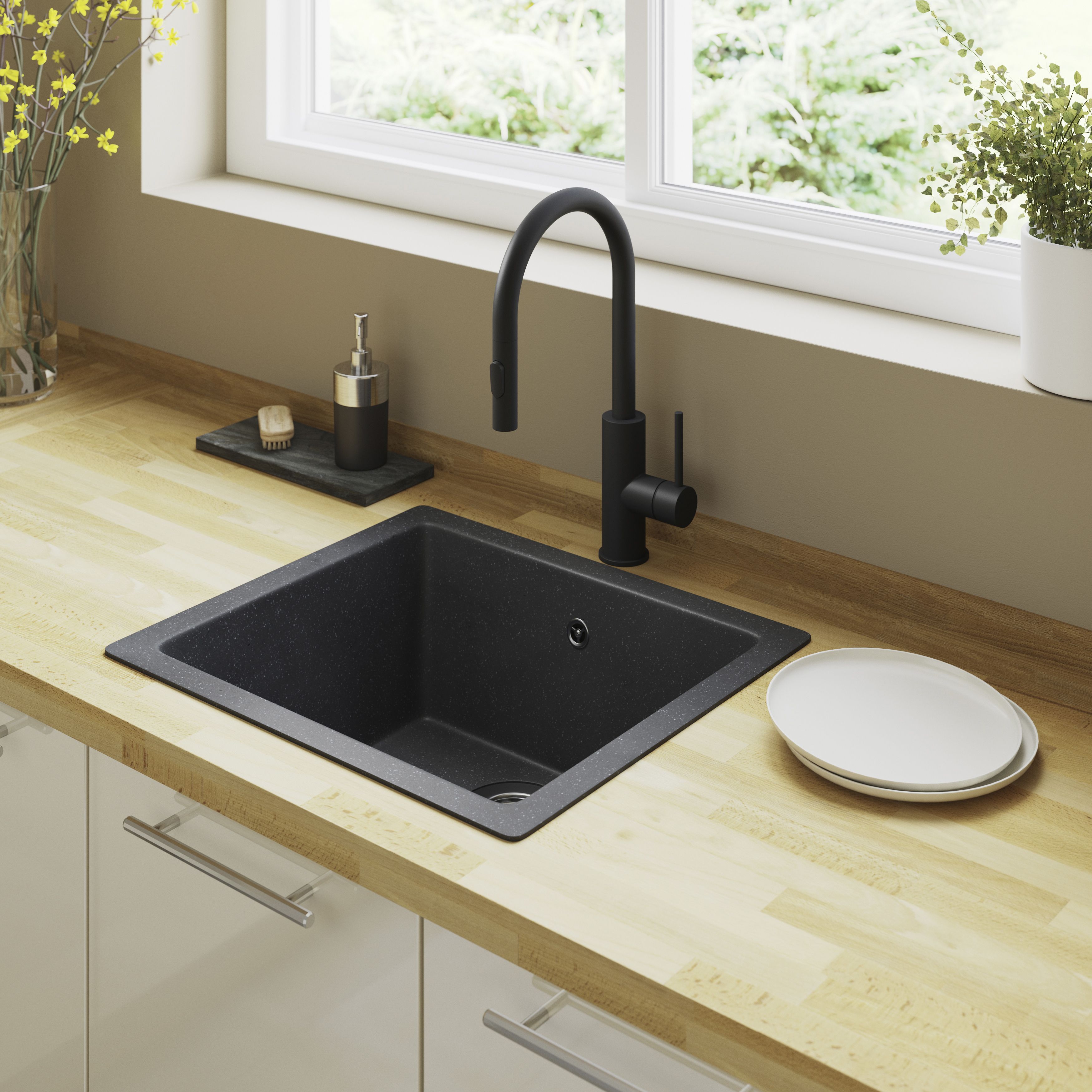 Cooke & Lewis Ising Black Resin 1 Bowl Kitchen sink 335mm x 500mm