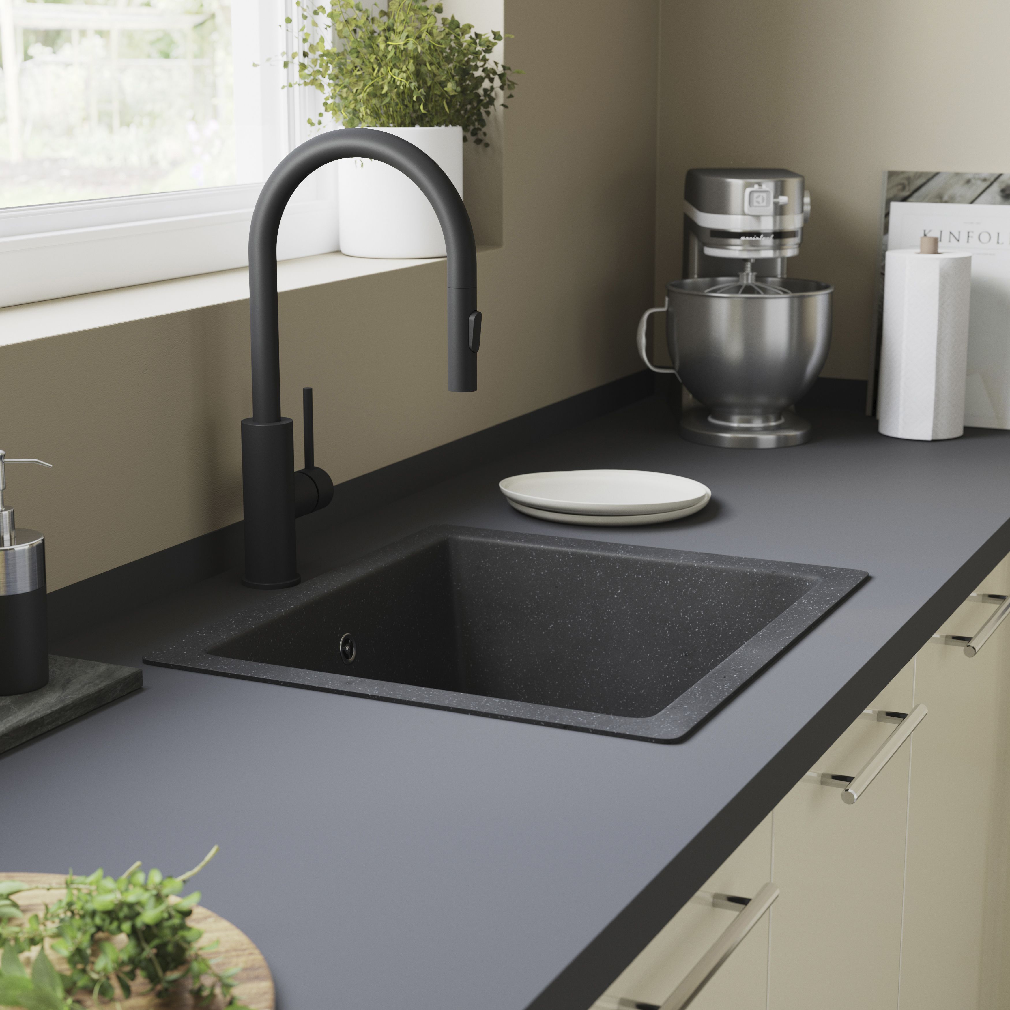 Cooke & Lewis Ising Black Resin 1 Bowl Kitchen sink 335mm x 500mm