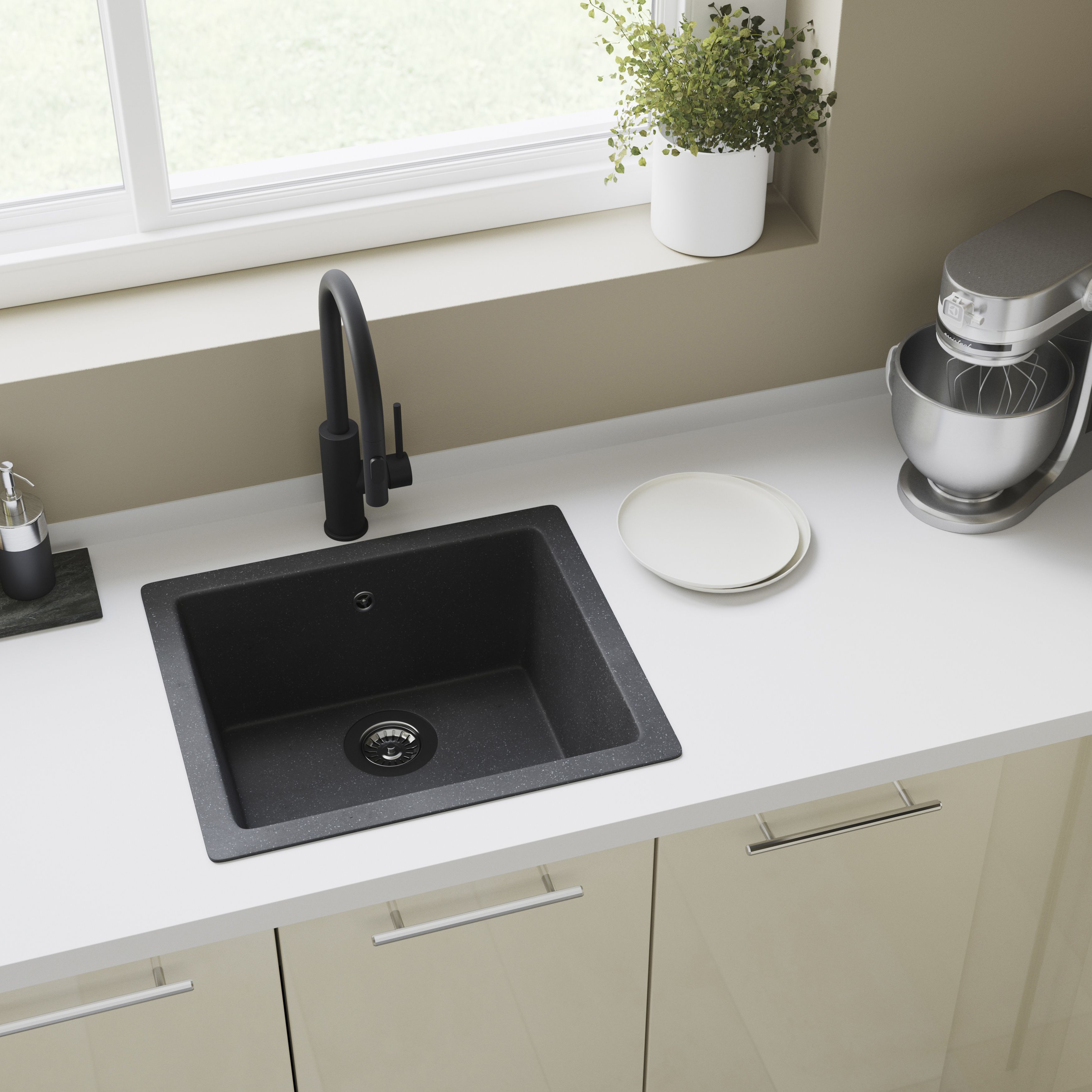 Cooke & Lewis Ising Black Resin 1 Bowl Kitchen sink 335mm x 500mm
