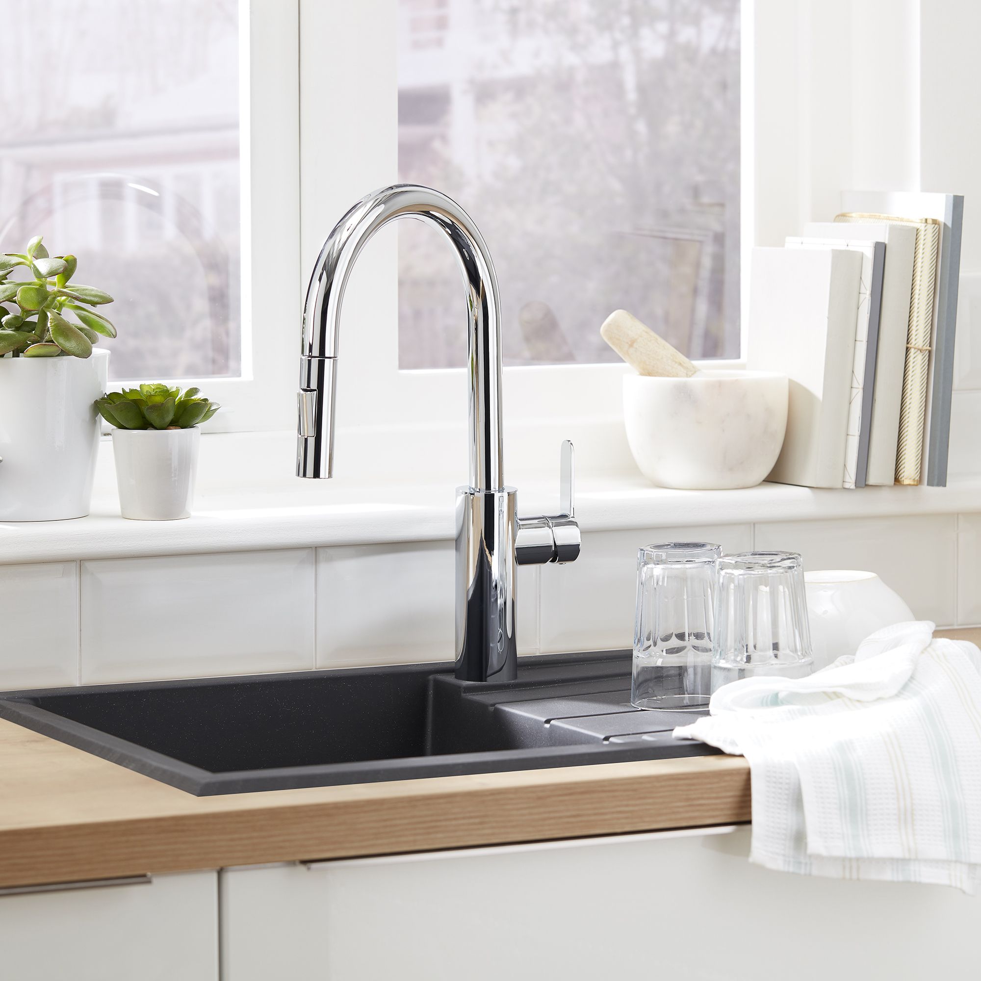 Cooke & Lewis Kareena Chrome effect Kitchen Side lever pull out Tap