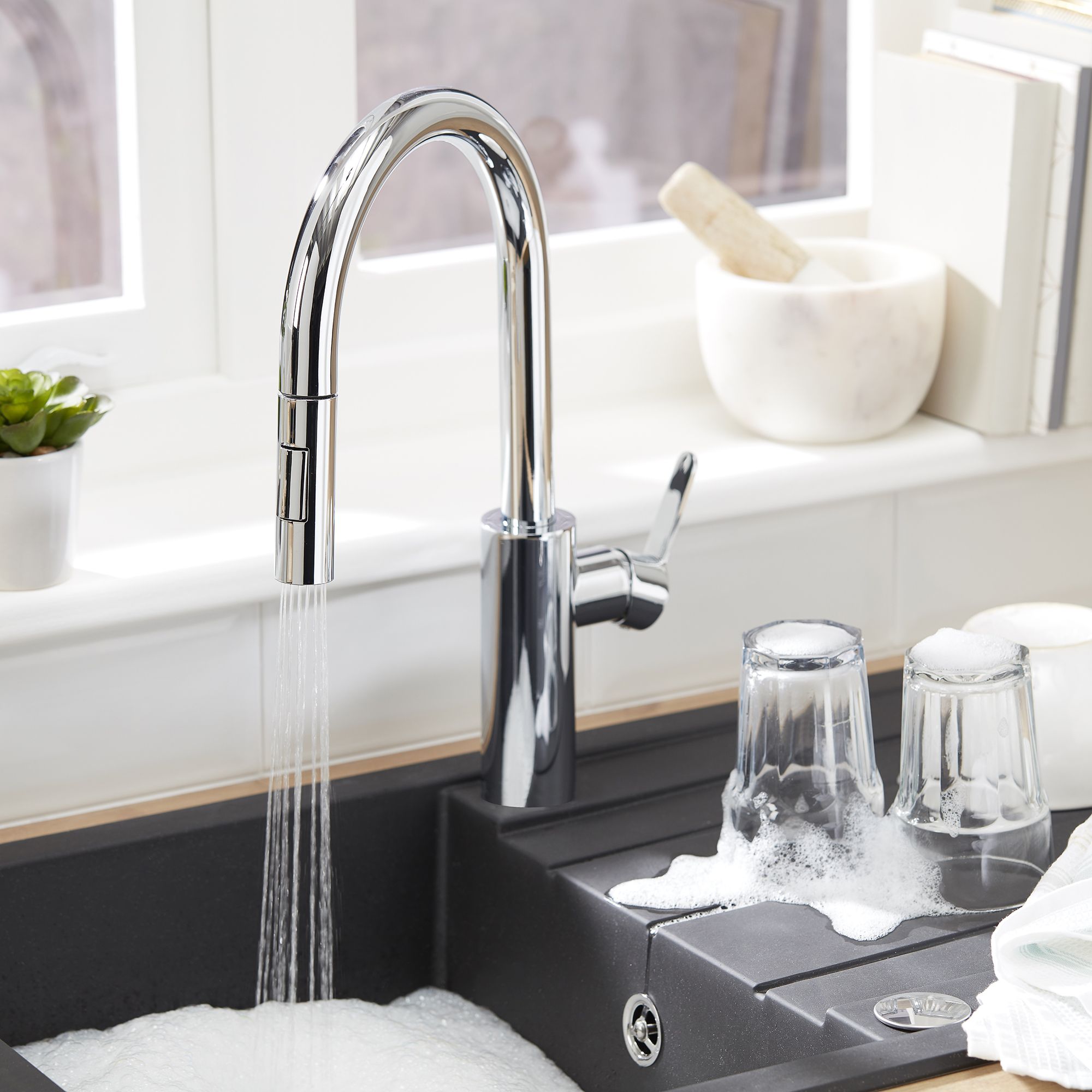 Cooke & Lewis Kareena Chrome effect Kitchen Side lever pull out Tap