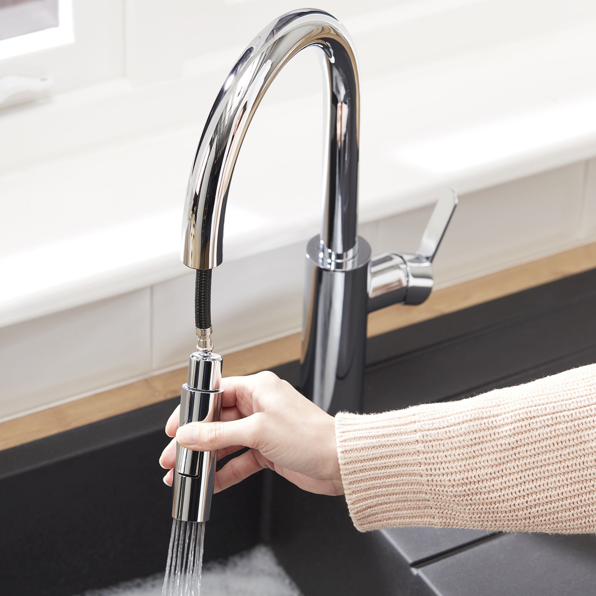 Cooke & Lewis Kareena Chrome effect Kitchen Side lever pull out Tap