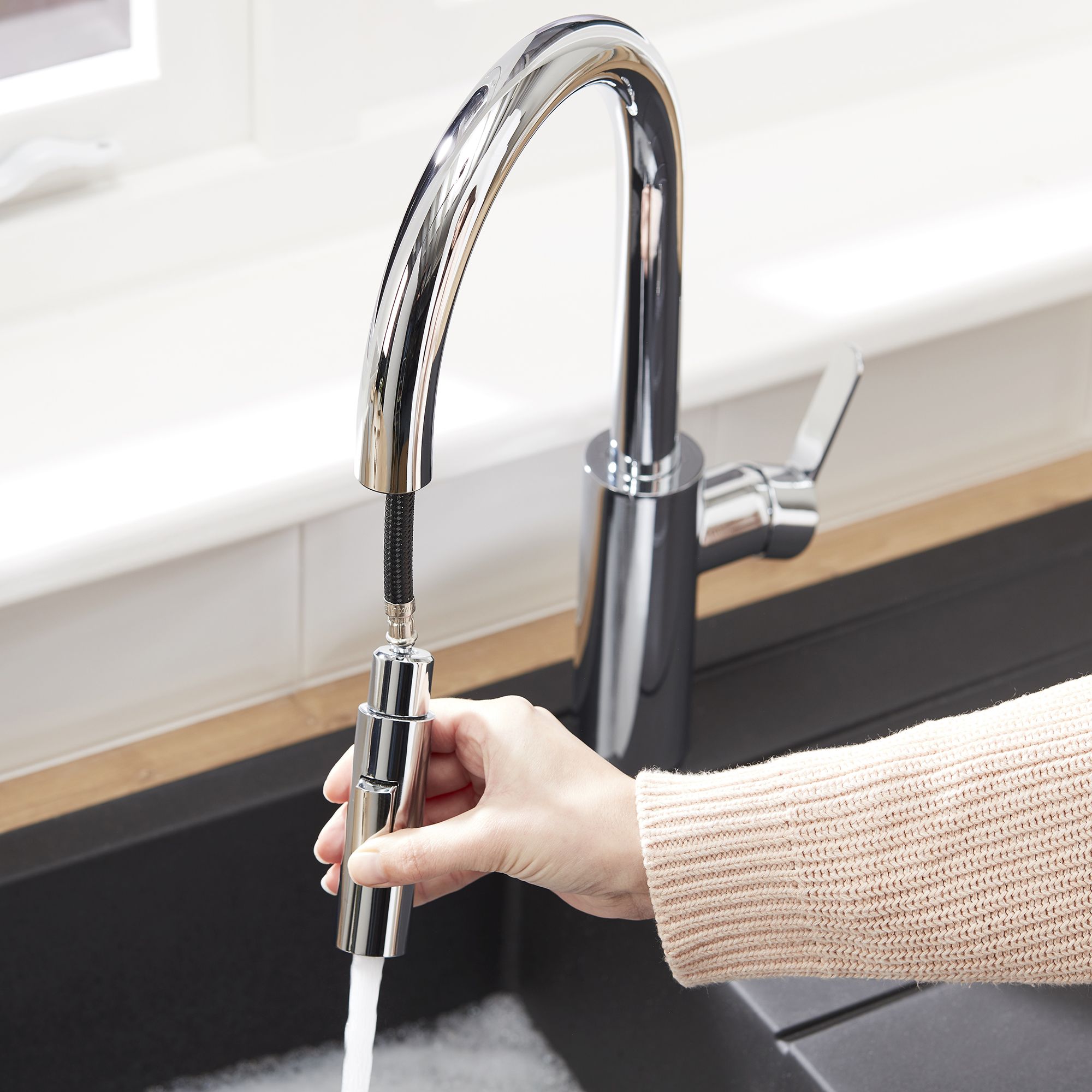 Cooke & Lewis Kareena Chrome effect Kitchen Side lever pull out Tap