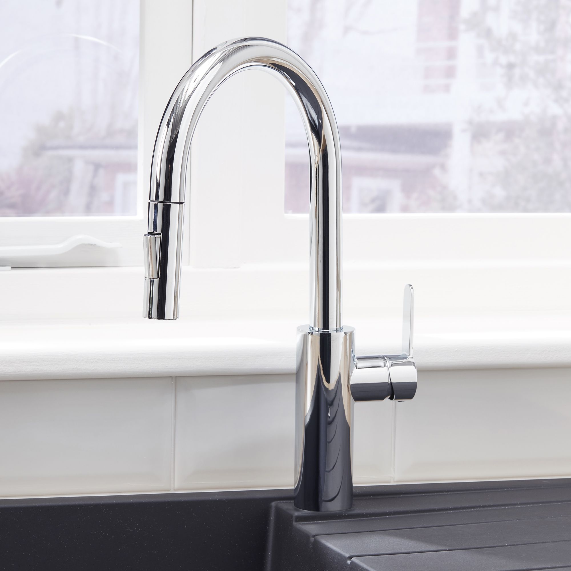 Cooke & Lewis Kareena Chrome effect Kitchen Side lever pull out Tap