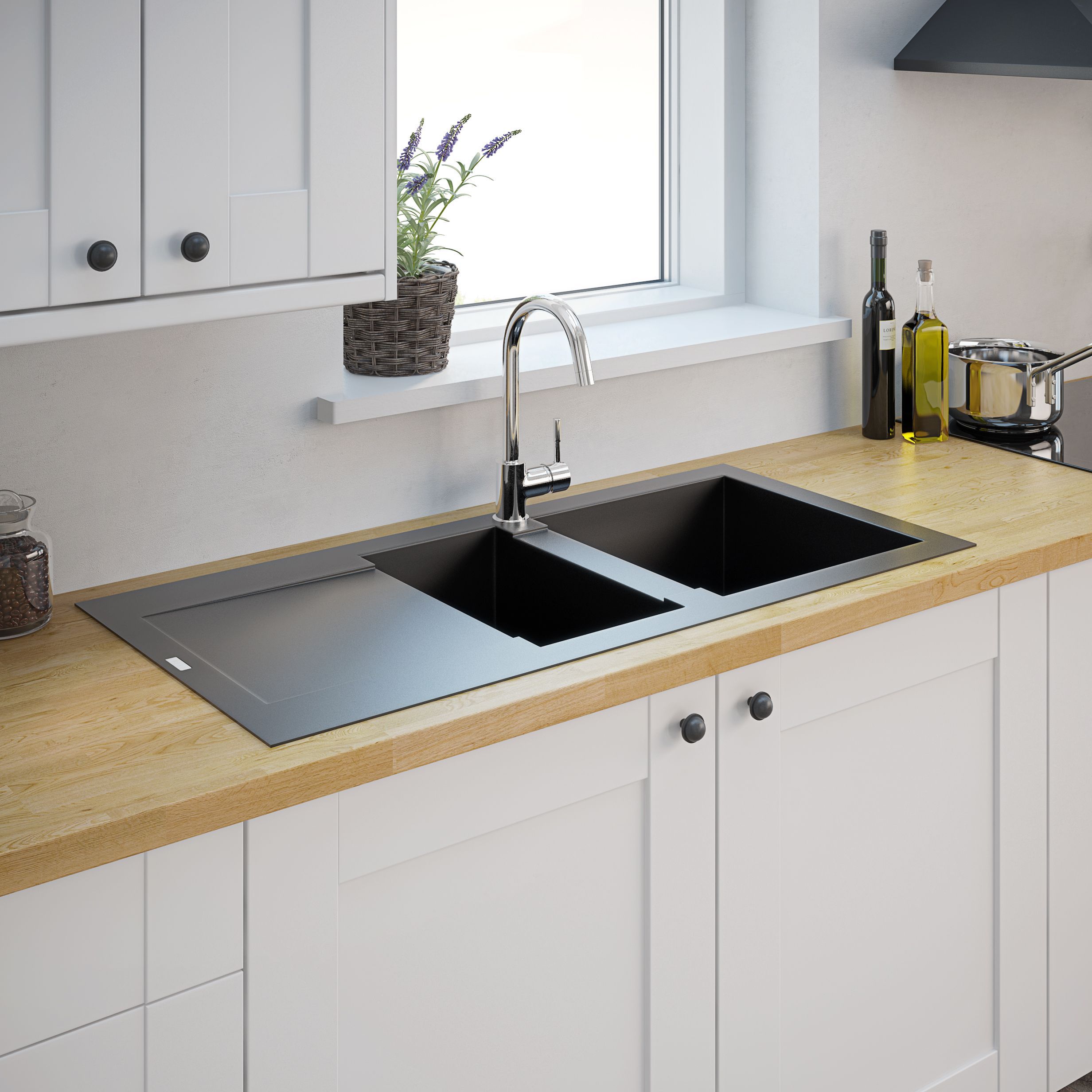 Cooke & Lewis Lavoisier Black Resin 1.5 Bowl Sink & drainer 500mm x 1050mm