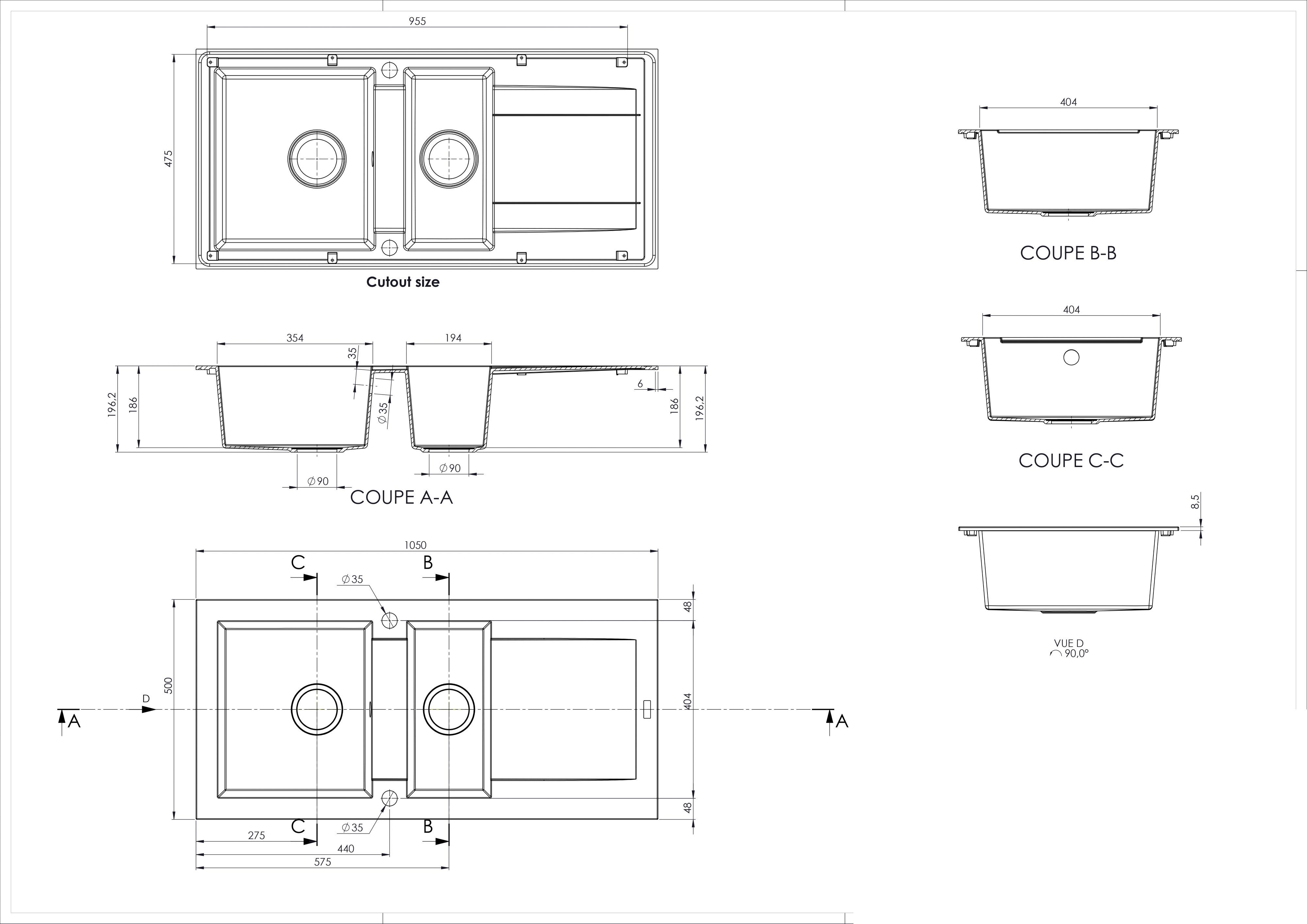 Cooke & Lewis Lavoisier Black Resin 1.5 Bowl Sink & drainer 500mm x 1050mm