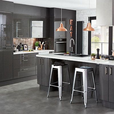 Cooke & Lewis Raffello High Gloss Anthracite Gloss anthracite Slab Cabinet door (W)600mm (H)1912mm (T)18mm, Set of 2