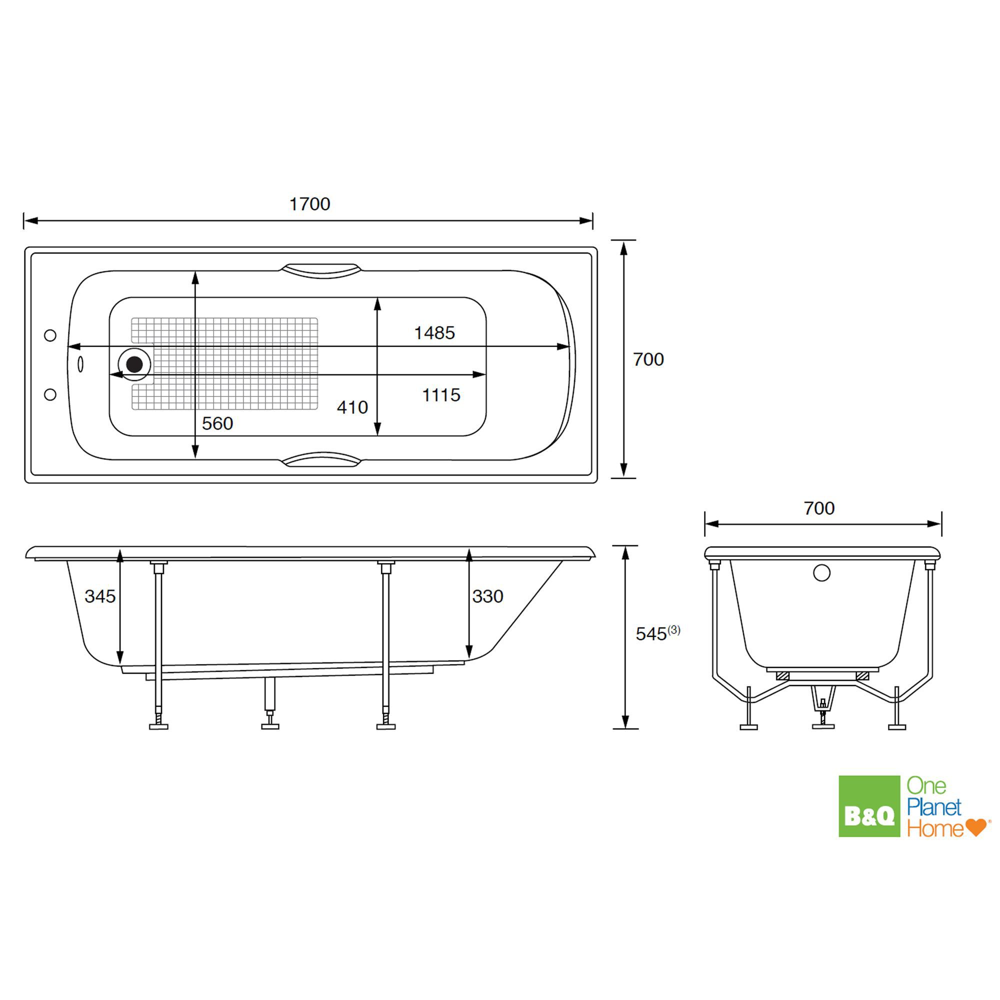 Cooke & Lewis Shaftesbury Twin grip White Rectangular Straight Bath (L)170cm (W)70cm