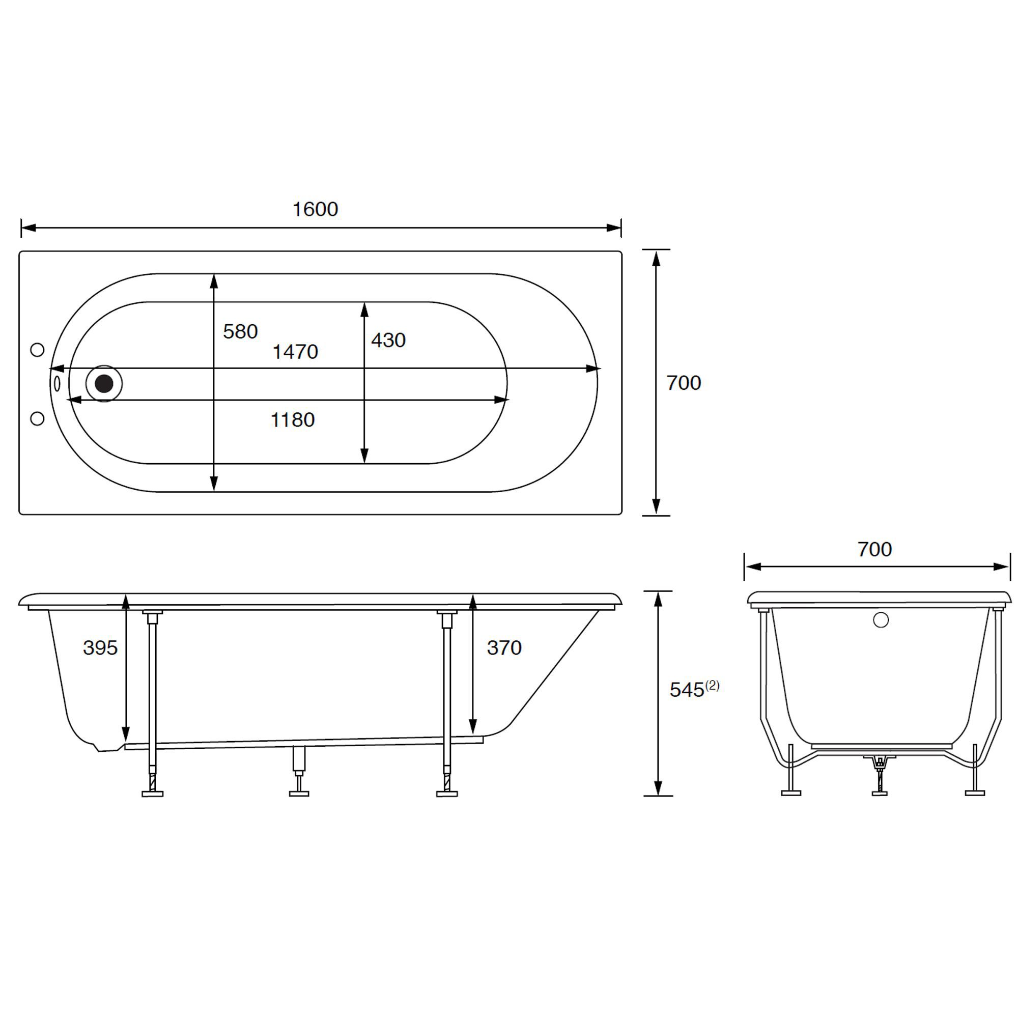 Cooke & Lewis Shaftesbury White Acrylic Rectangular Straight Bath (L)1600mm (W)700mm