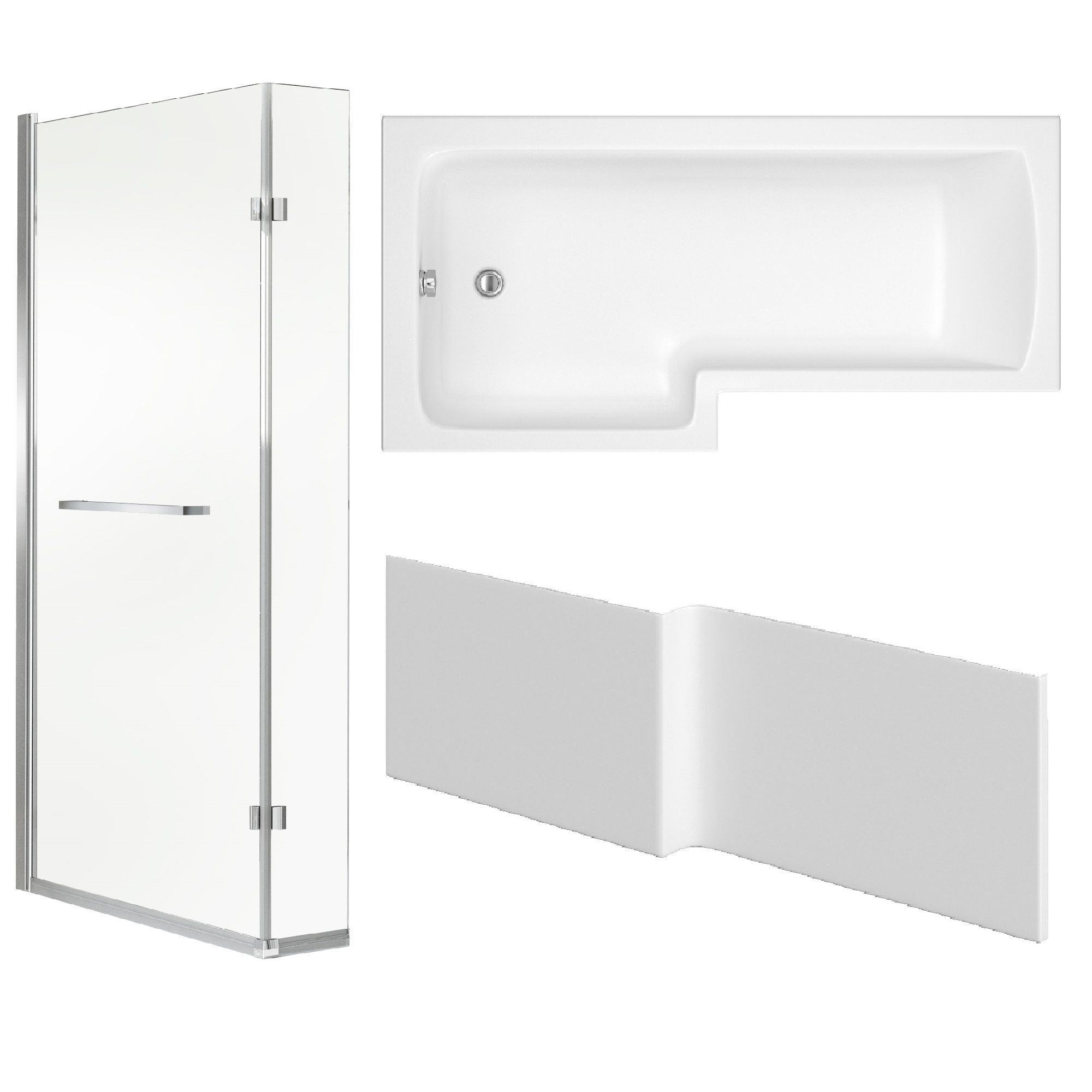 Cooke & Lewis Solarna Gloss White L-shaped Left-handed Shower Bath, panel & screen set (L)1500mm