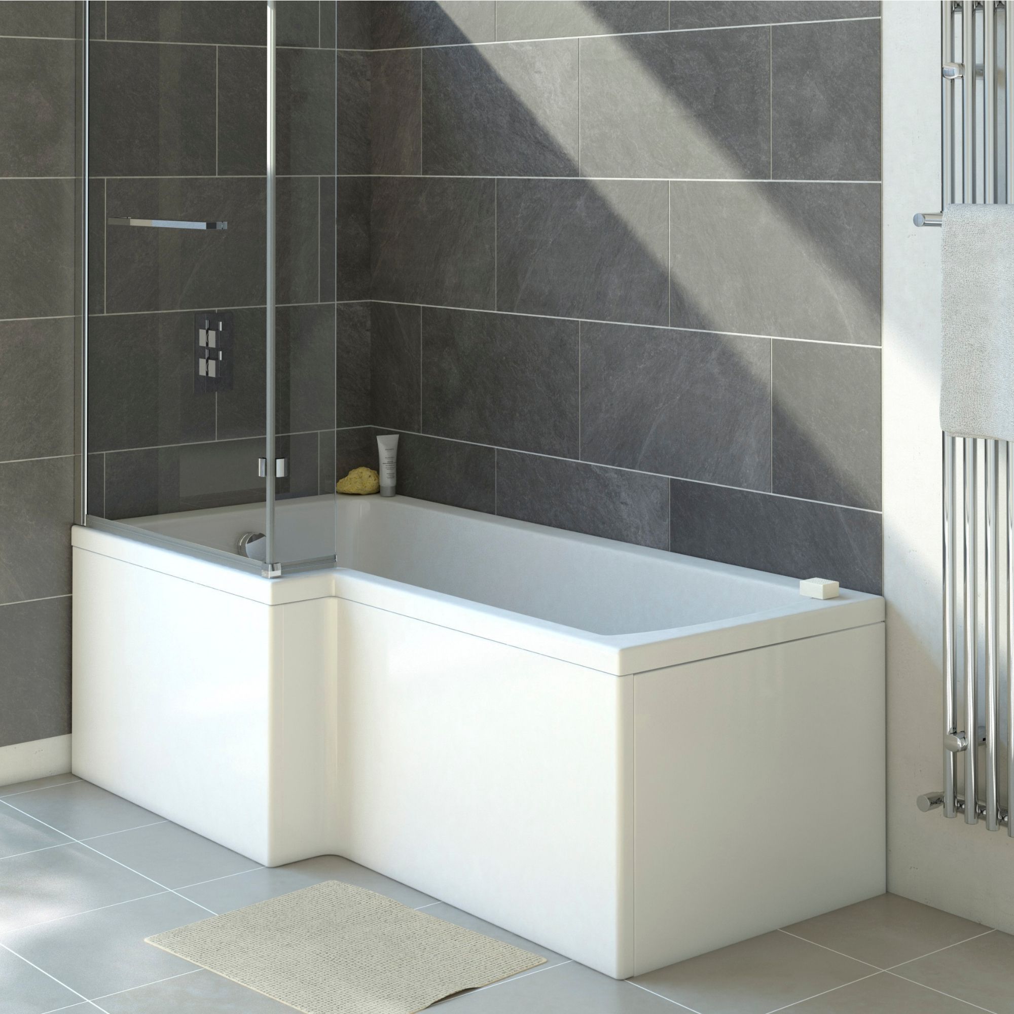 Cooke & Lewis Solarna Gloss White L-shaped Left-handed Shower Bath, panel & screen set (L)1700mm