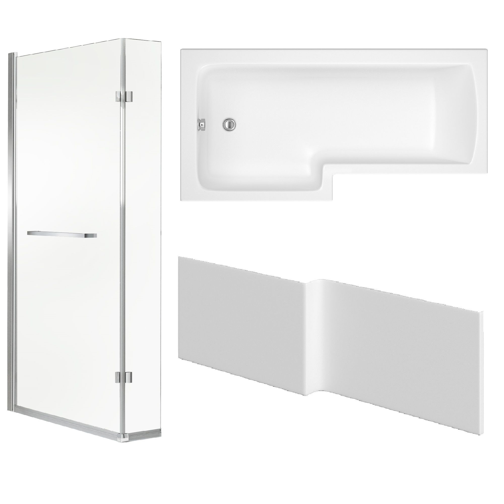 Cooke & Lewis Solarna Gloss White L-shaped Left-handed Shower Bath, panel & screen set (L)1700mm