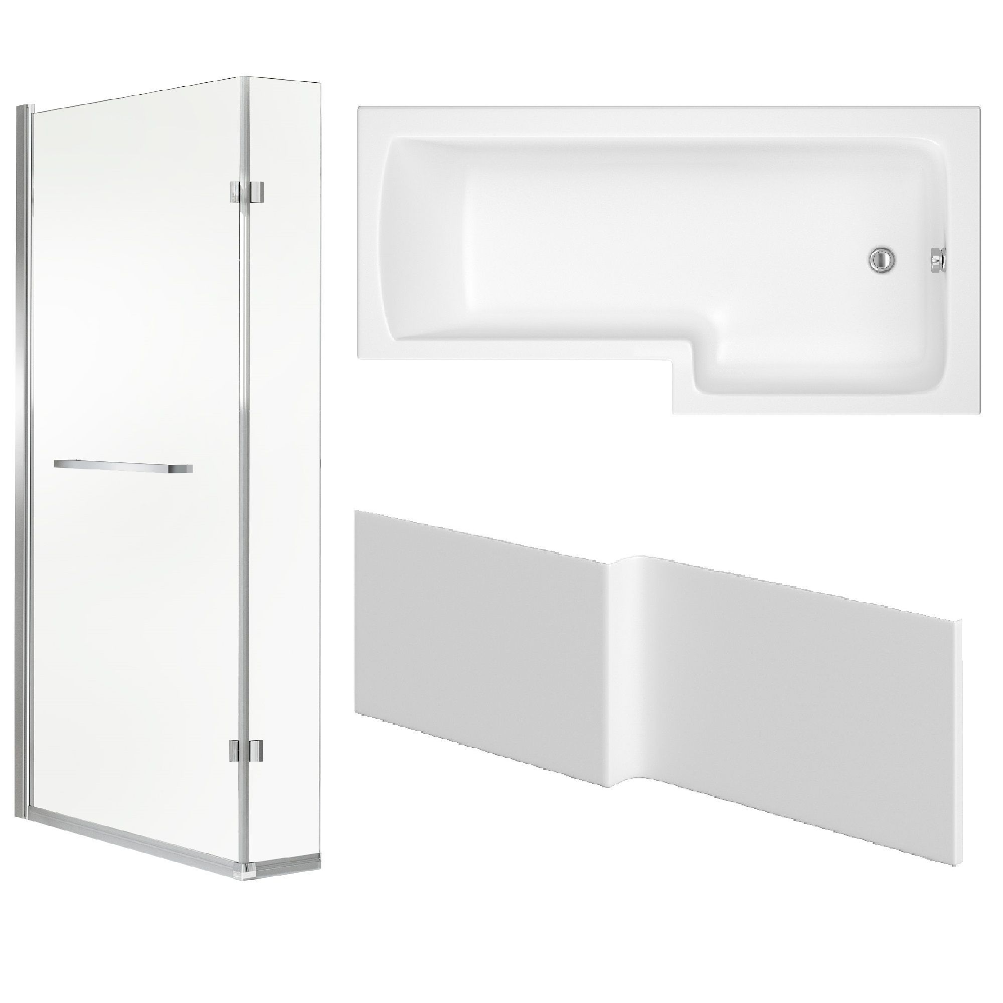 Cooke & Lewis Solarna Gloss White L-shaped Right-handed Shower Bath, panel & screen set (L)1500mm