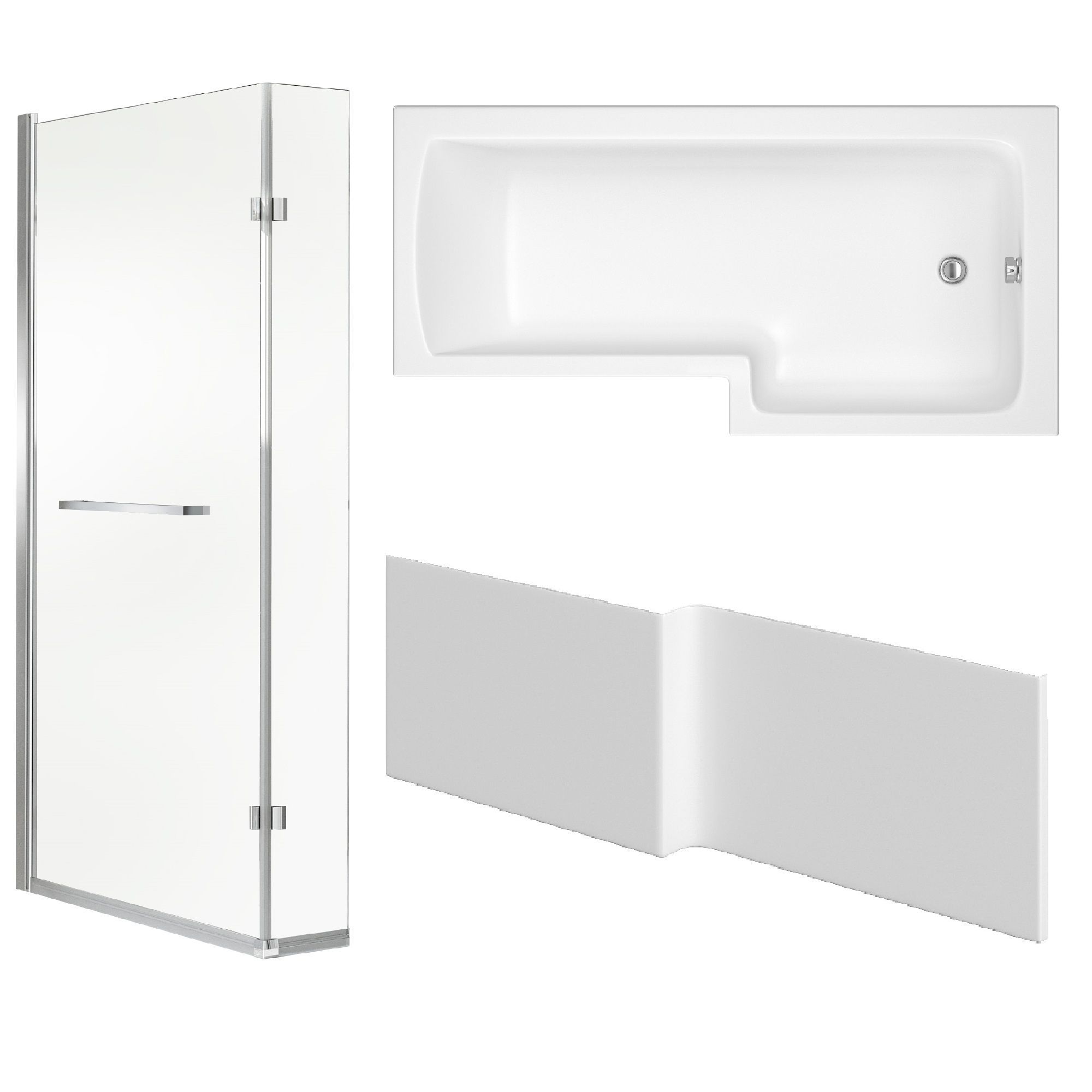 Cooke & Lewis Solarna Gloss White L-shaped Right-handed Shower Bath, panel & screen set (L)1700mm