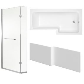 Cooke & Lewis Solarna White L-shaped Right-handed Shower Bath, panel & screen set (L)1500mm