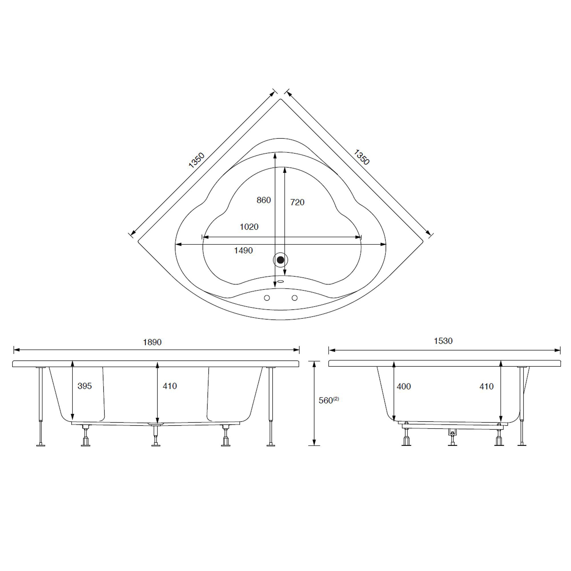 Cooke & Lewis Strand White Oval Corner Bath with 2 Tap holes (L)135cm (W)189cm