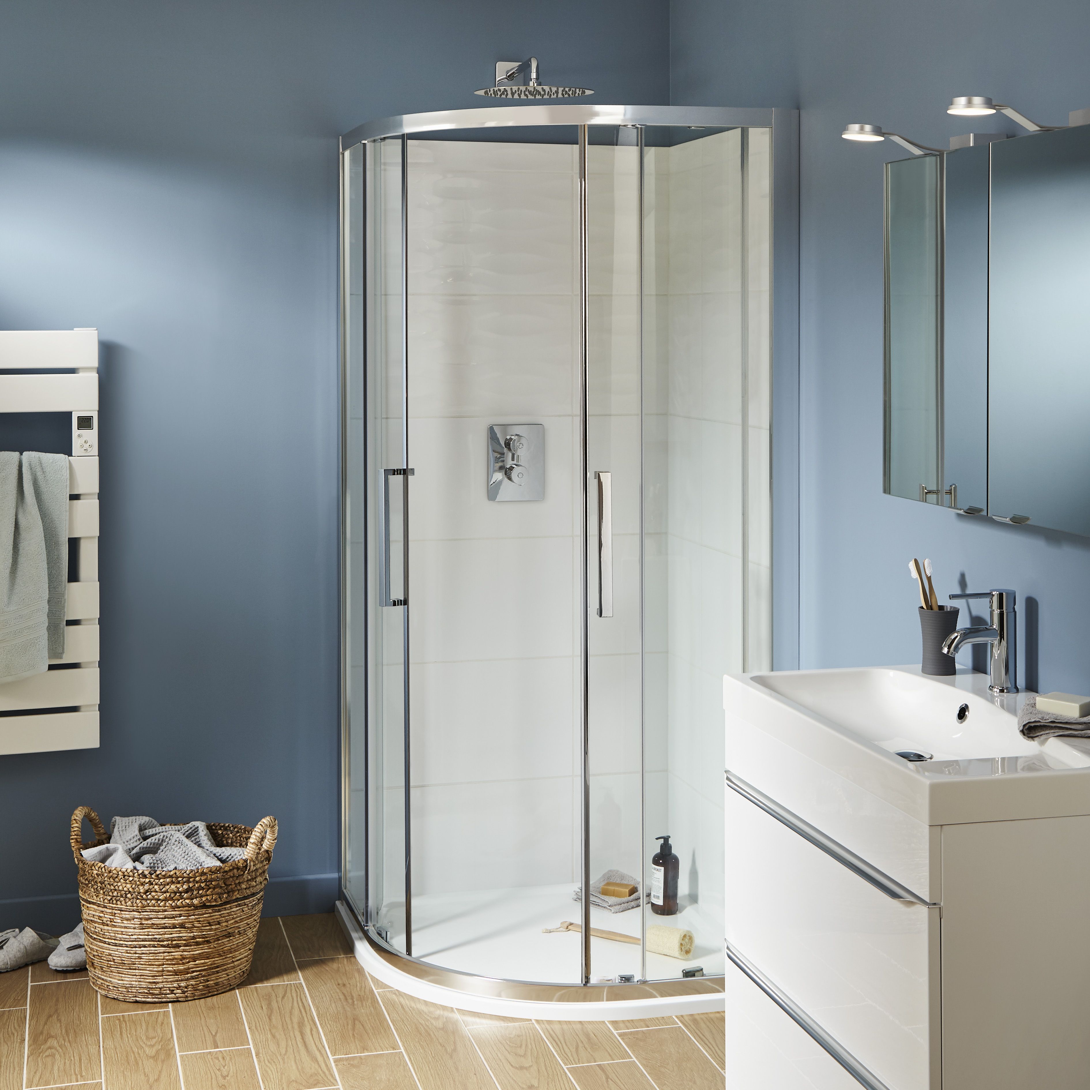 Cooke & Lewis Zilia Clear Silver effect Quadrant Shower enclosure - Corner entry double sliding door (W)90cm
