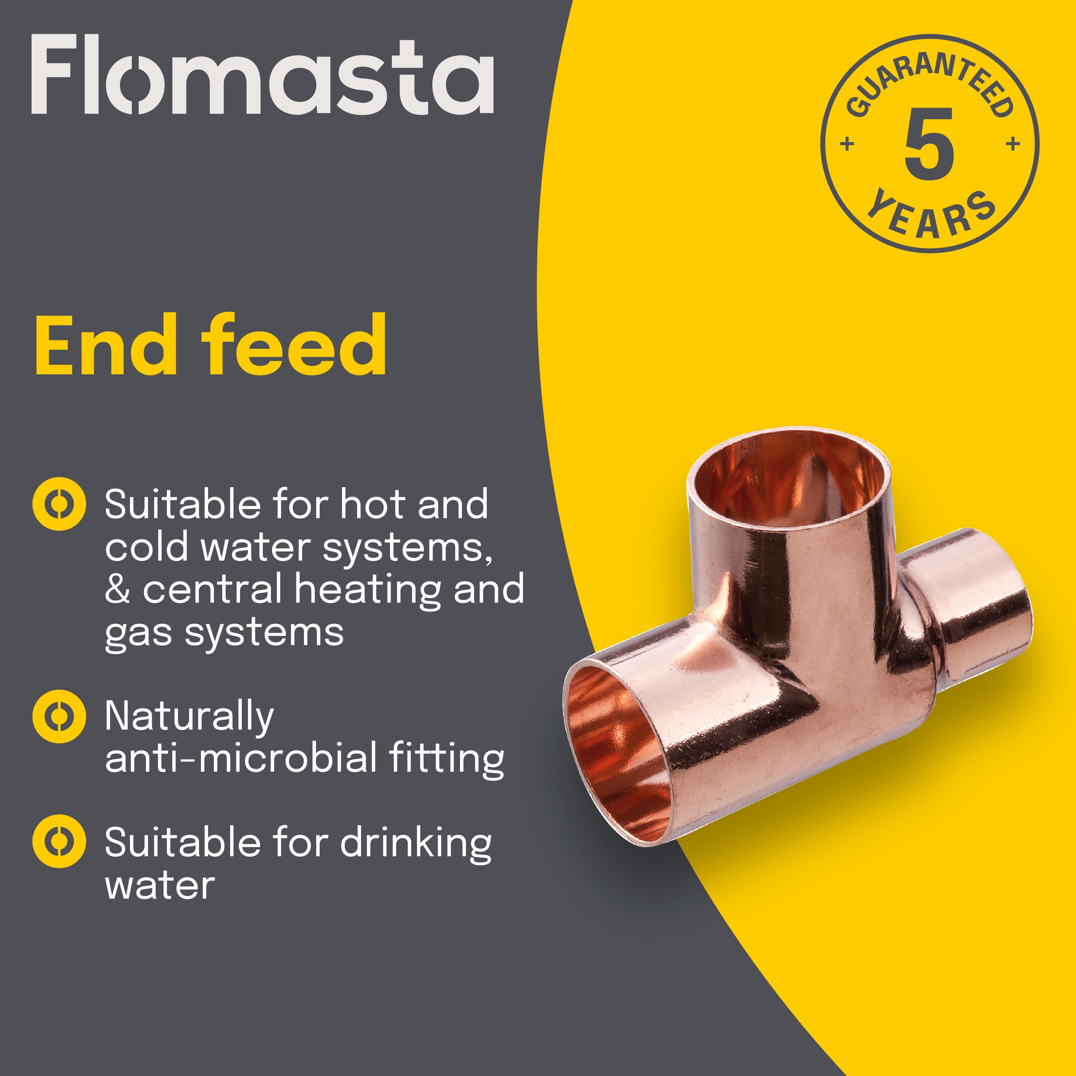 Copper End feed Reducing Tee (Dia) 22mm x 22mm x 15mm