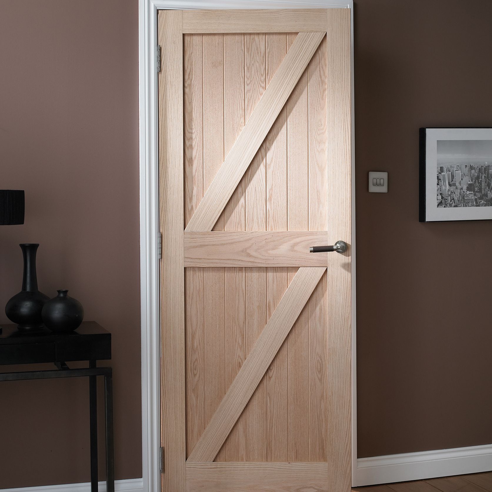 Cottage Wooden Oak veneer External Front door, (H)1981mm (W)838mm