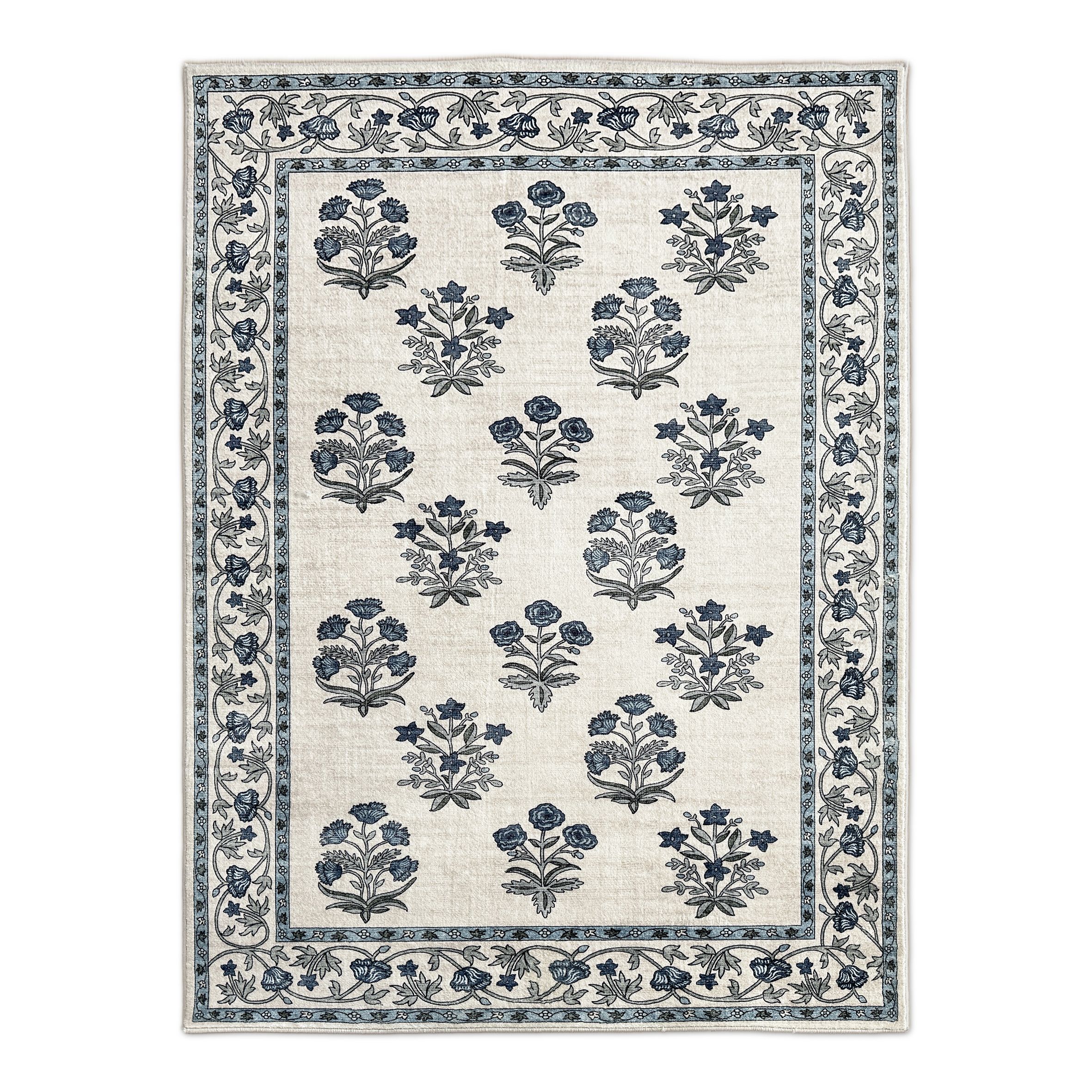 Cream & Blue Floral Medium Rug, (L)160cm x (W)120cm