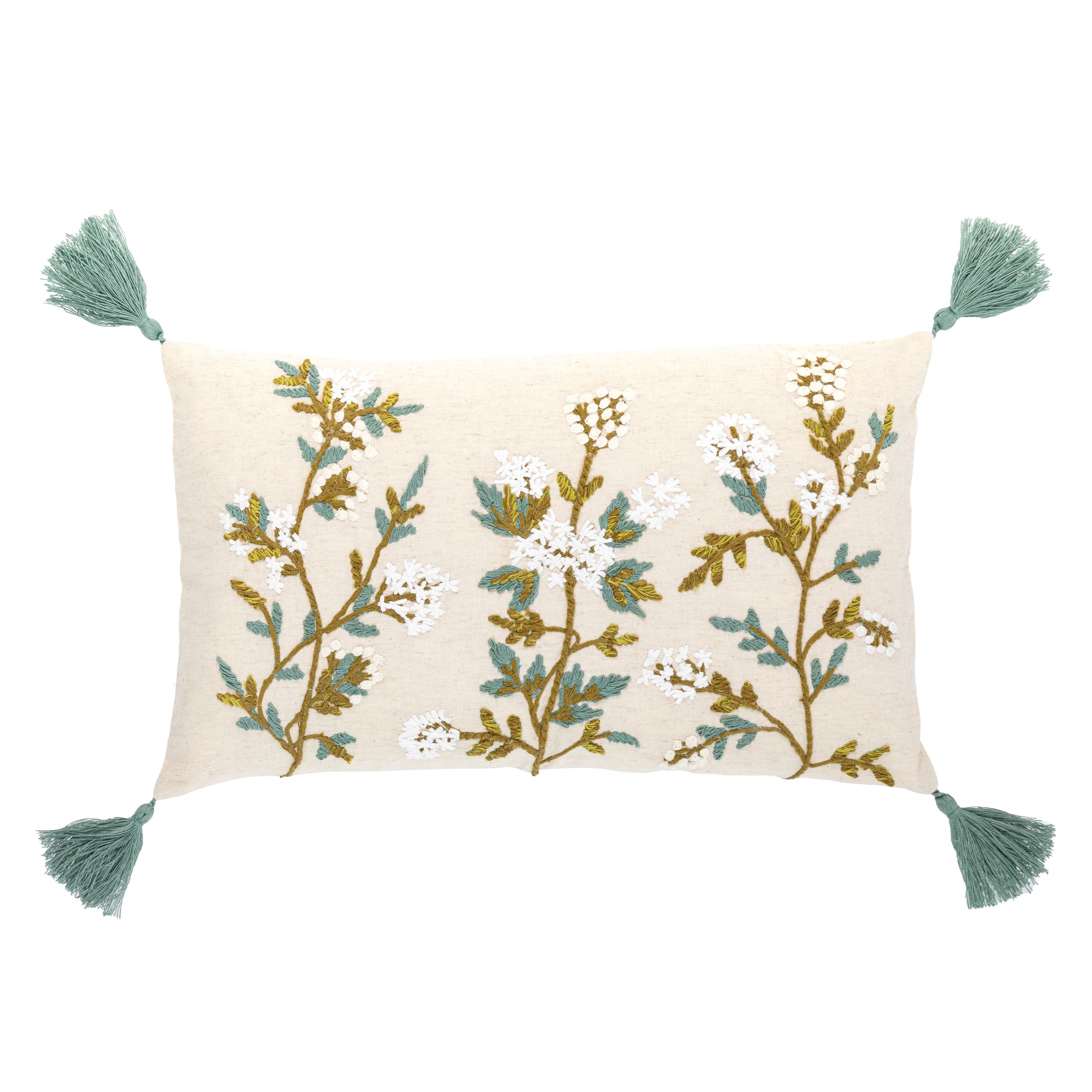 Cream Embroidered Floral Indoor Cushion (L)30cm (W)50cm
