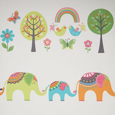 Cream, green & orange Elephants & trees Smooth Wallpaper
