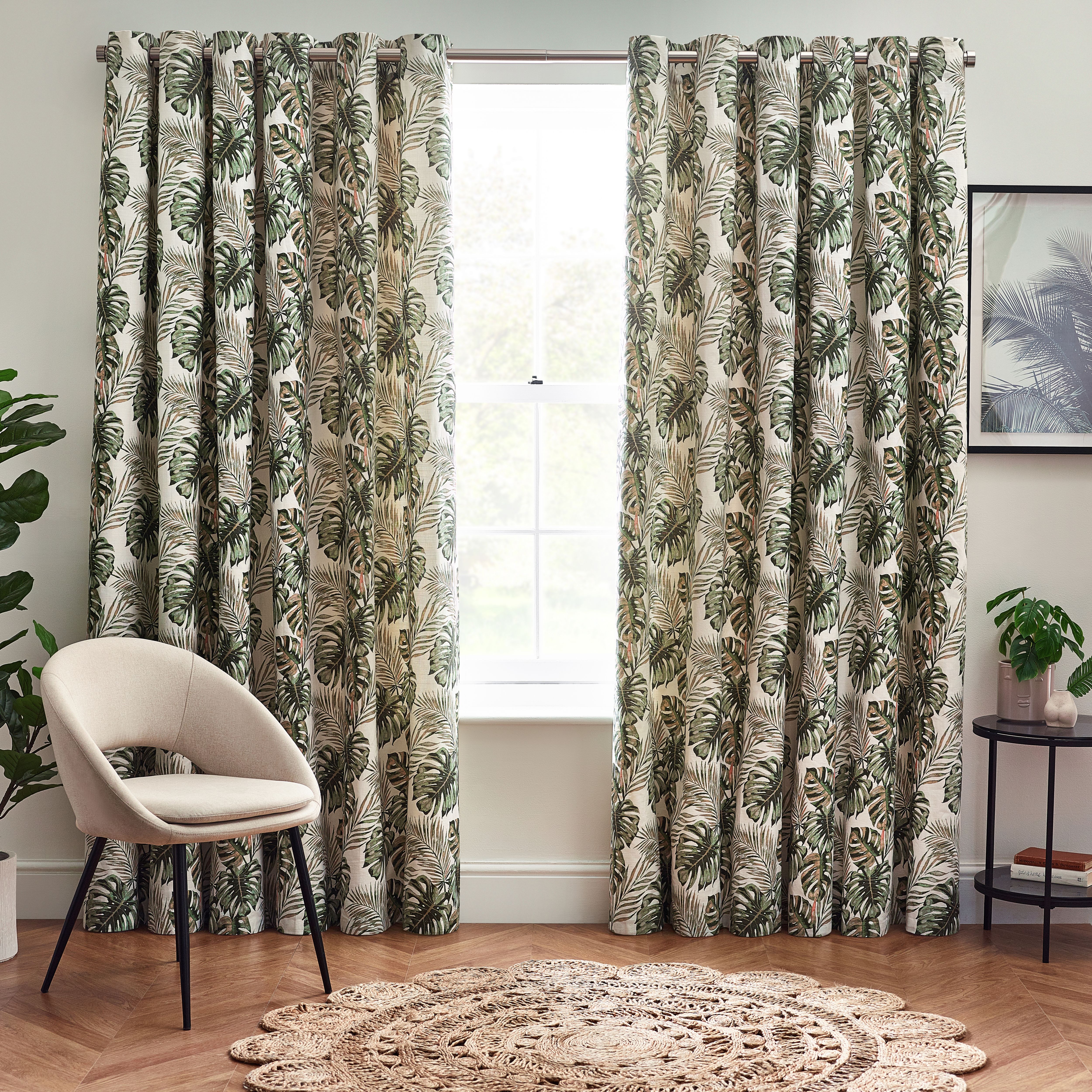 Cream & Green Tropcial Leaves Lined Eyelet Curtains (W)167cm (L)228cm