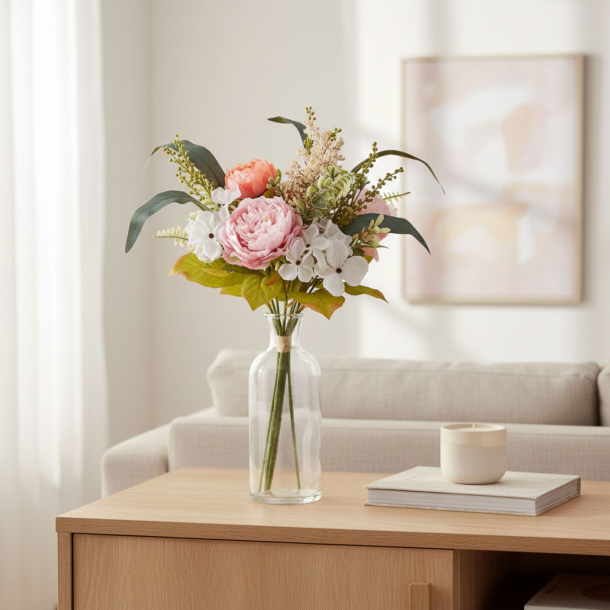 Cream & Pink Peony Bunch Artificial flower (H) 340mm