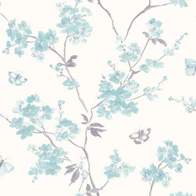 Cream & teal Blossom Smooth Wallpaper