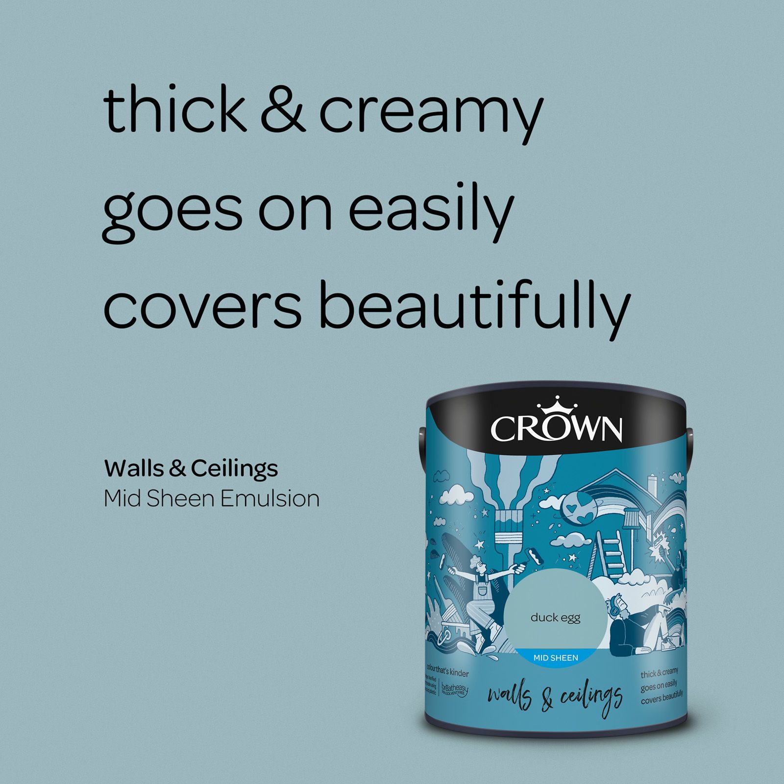 Crown Breatheasy Duck Egg Mid sheen Wall & ceiling Emulsion paint, 5L