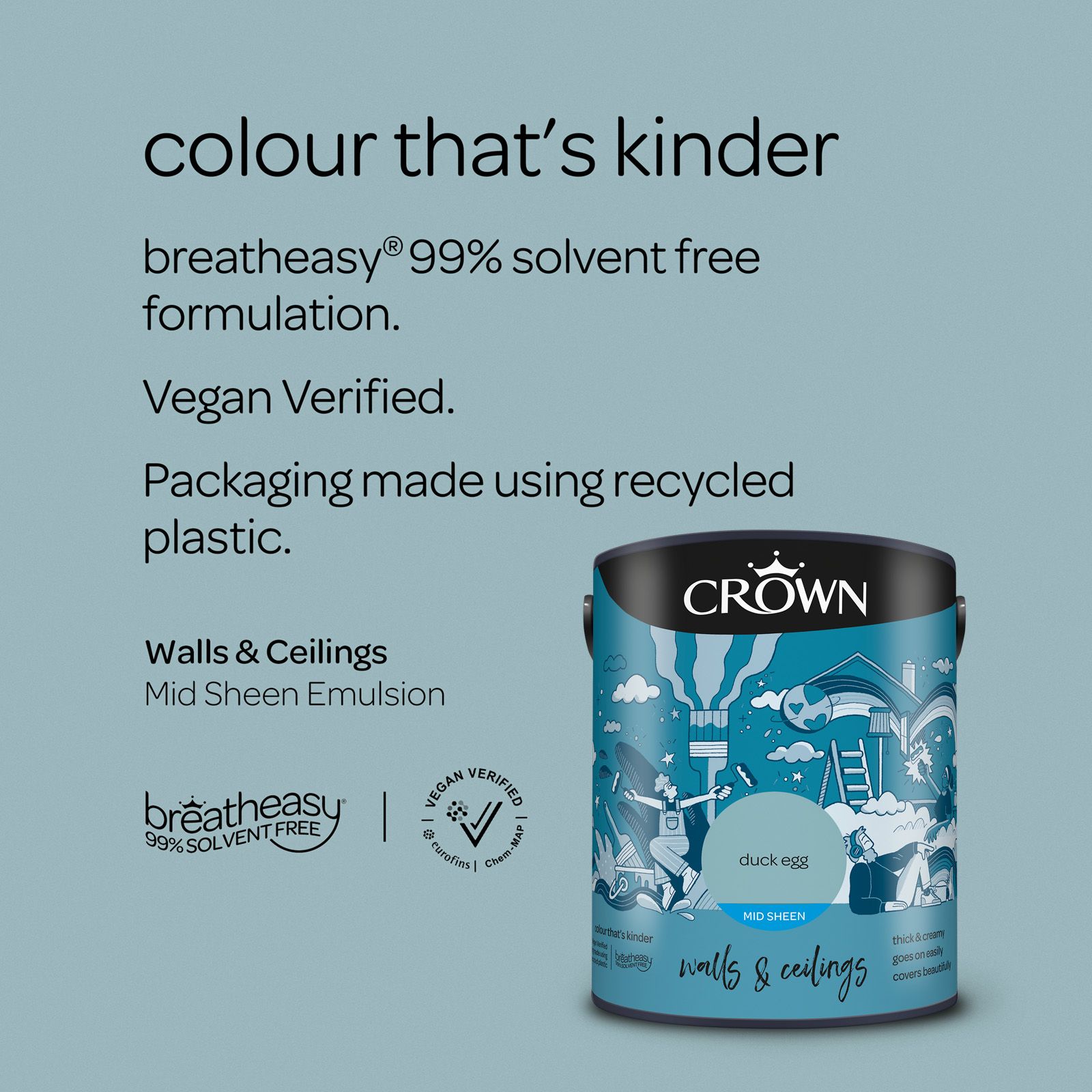 Crown Breatheasy Duck Egg Mid sheen Wall & ceiling Emulsion paint, 5L