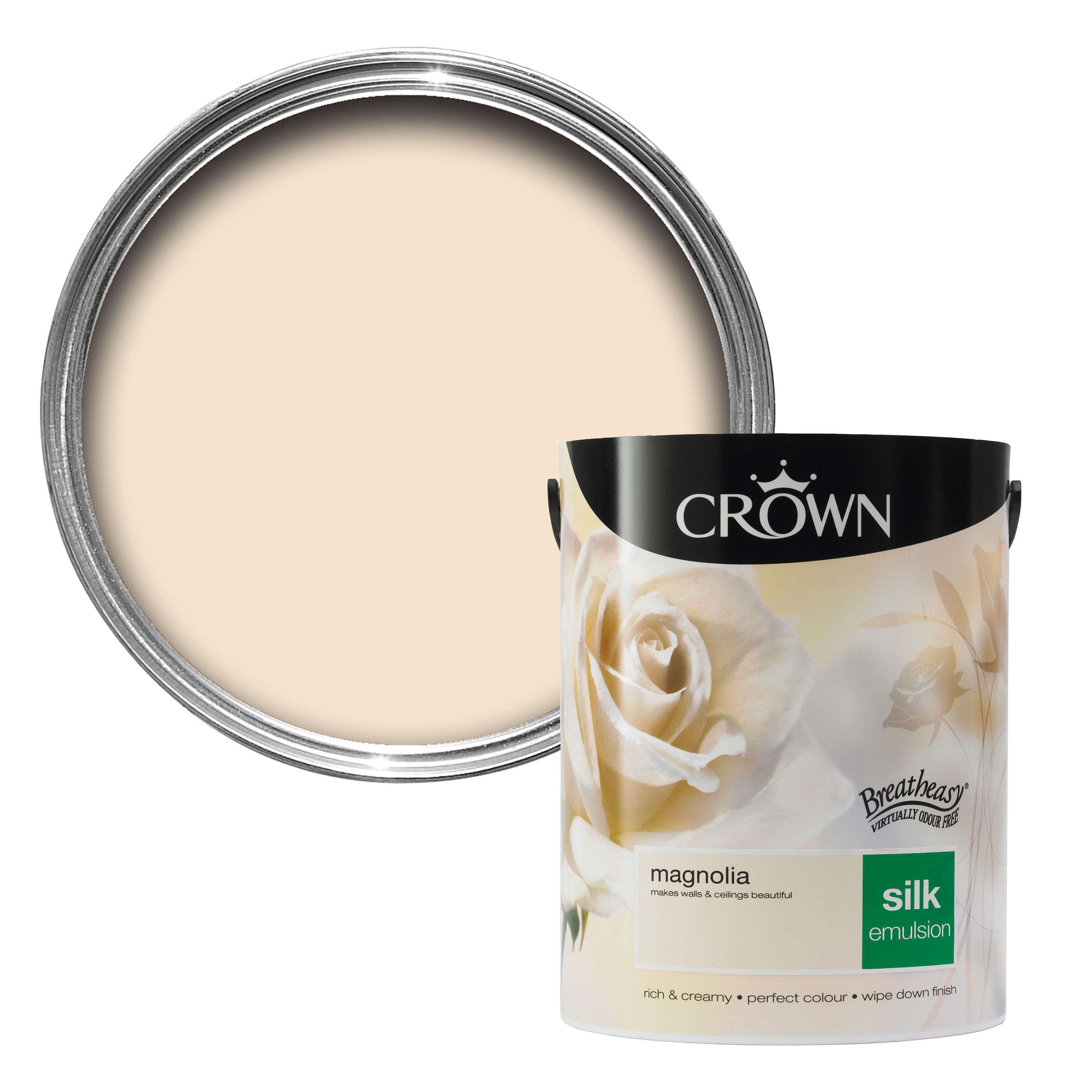 Crown Breatheasy Magnolia Silk Emulsion paint 5L DIY at B&Q