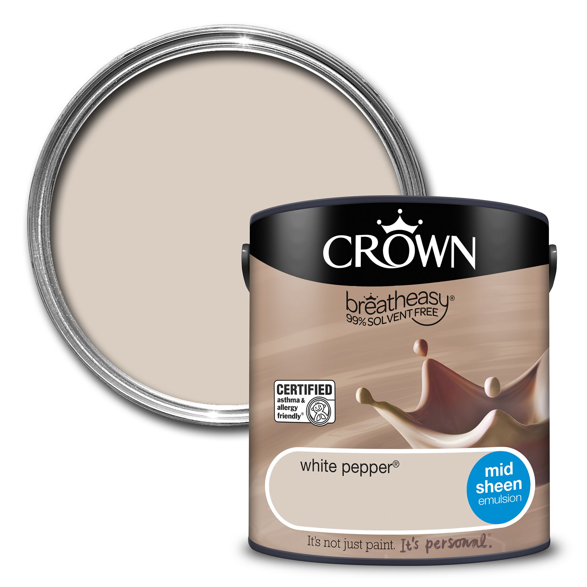 Crown Breatheasy White pepper Mid sheen Emulsion paint, 2.5L