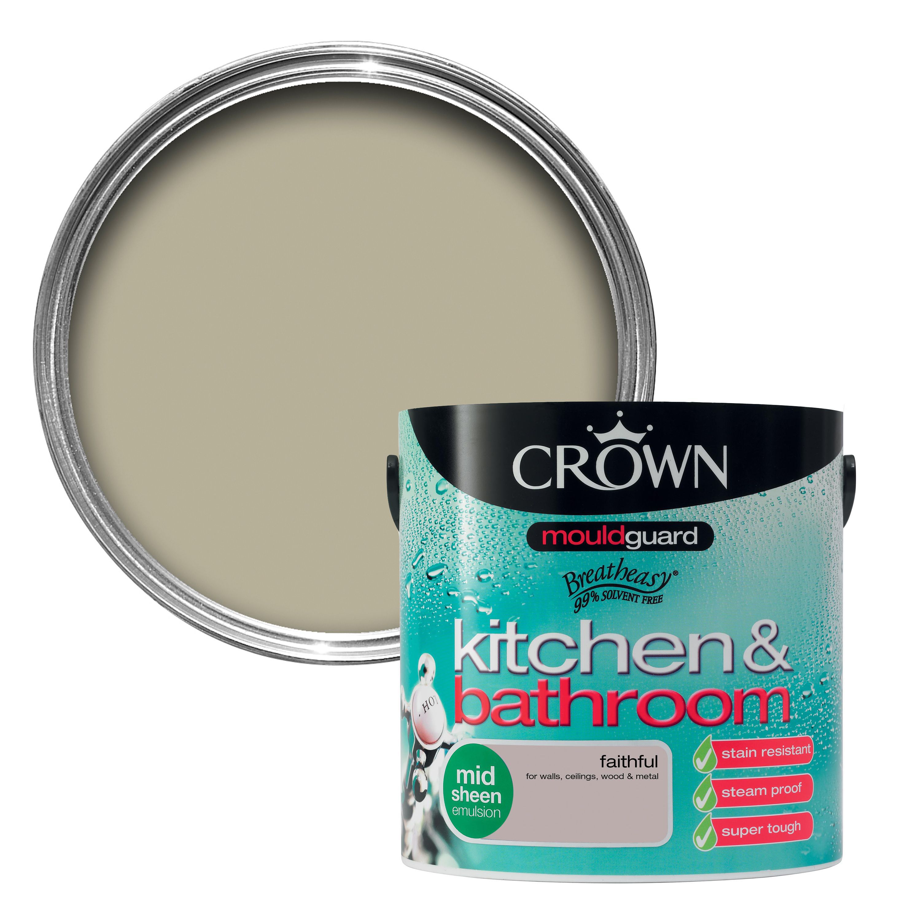 Crown Kitchen & bathroom Faithful Mid sheen Emulsion paint, 2.5L