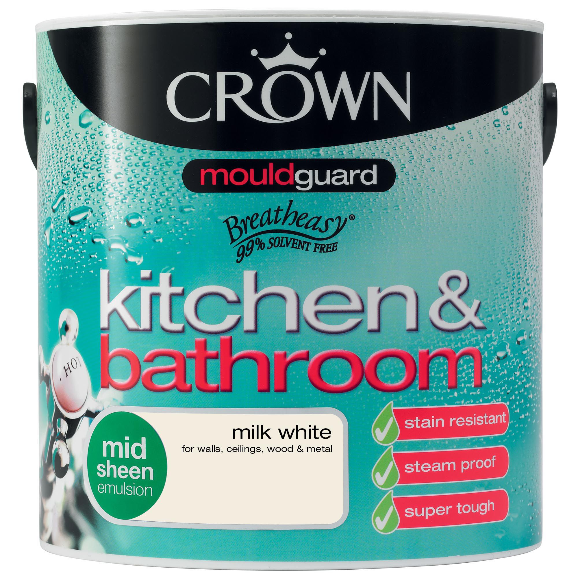 Crown Kitchen & bathroom Milk white Mid sheen Emulsion paint, 2.5L