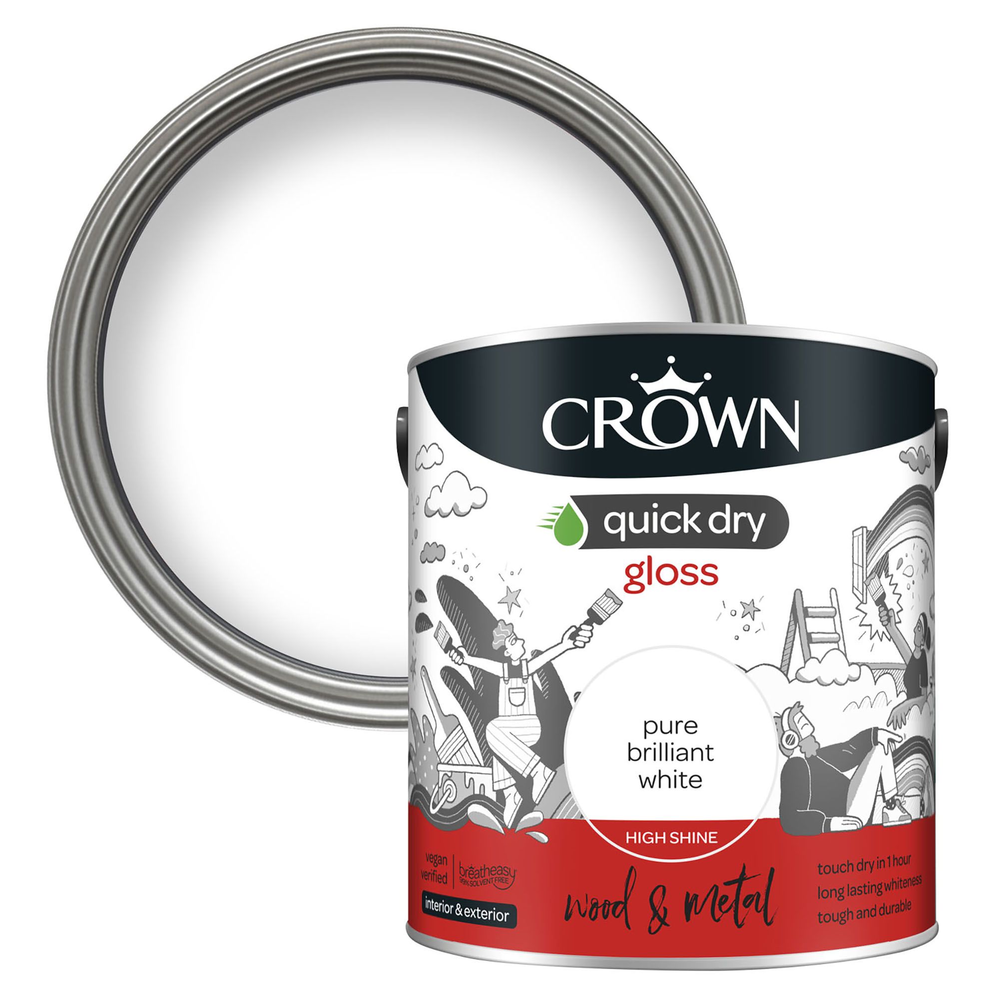 Crown Quick Dry Pure Brilliant White Gloss Interior Metal & wood Paint, 2.5L