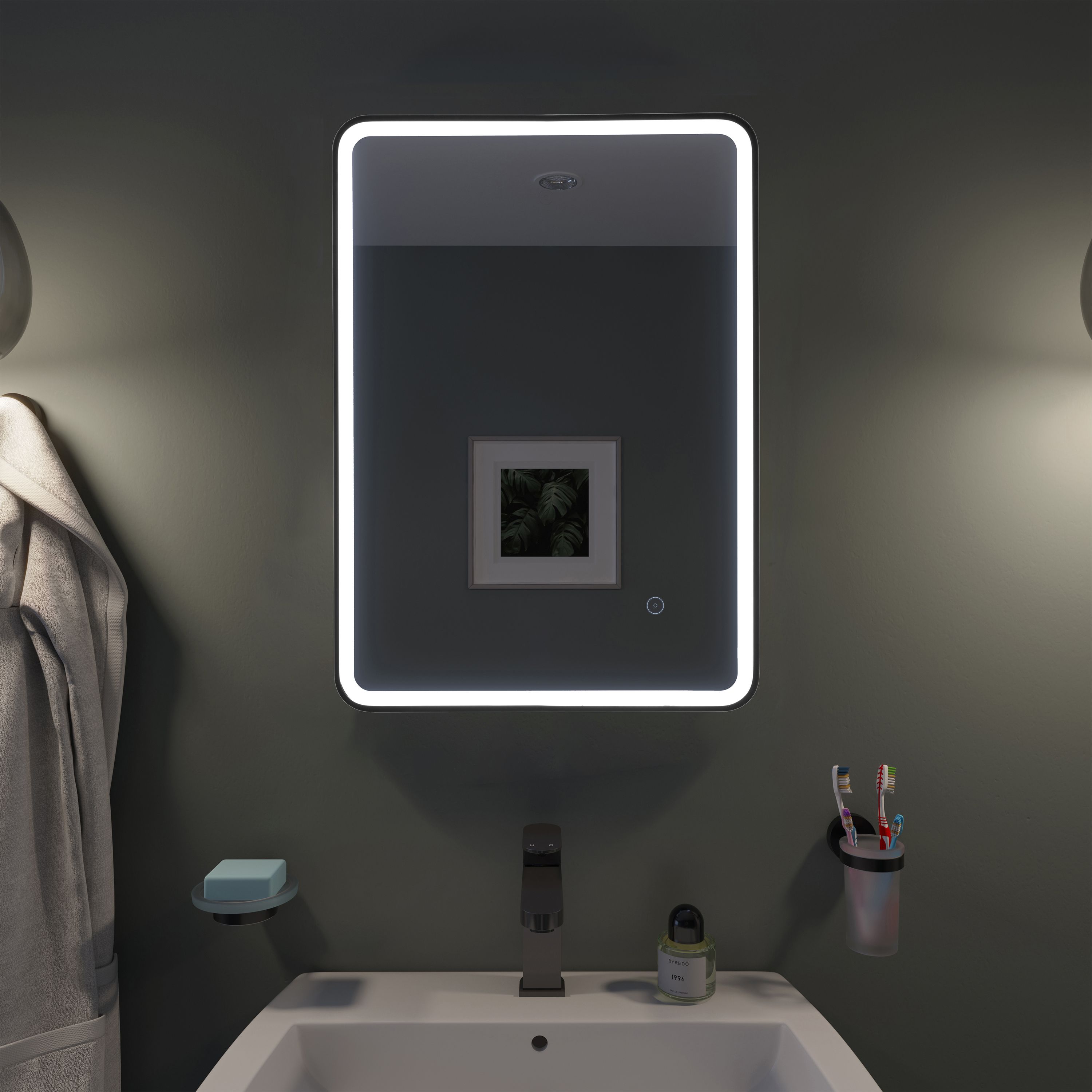 Croydex Flexi-fix Henderson Matt Black Rectangular Wall-mounted Bathroom & WC Illuminated mirror (H)70cm (W)50cm