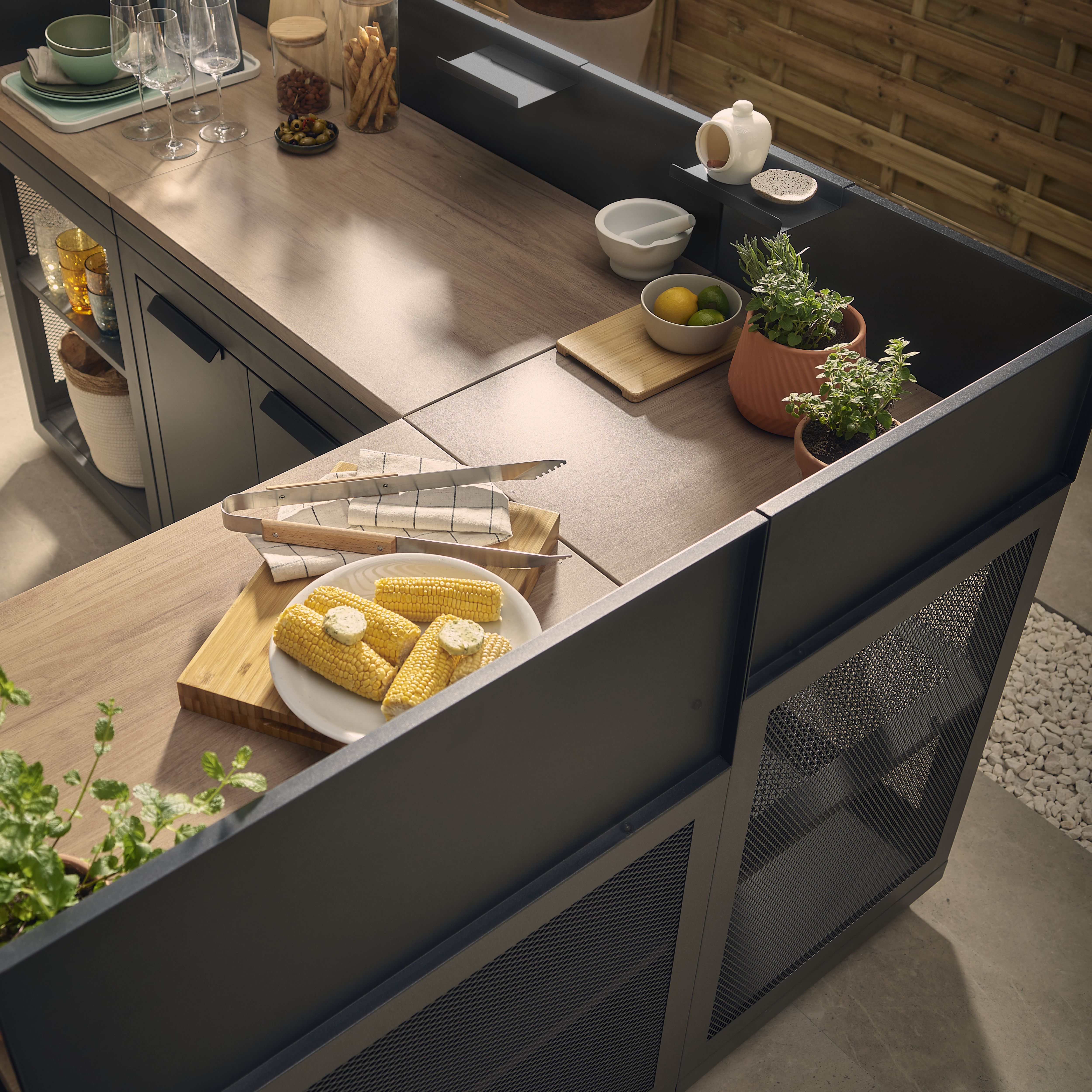 Cucino Mesh Grey Corner Steel Wood effect Outdoor kitchen cabinet unit