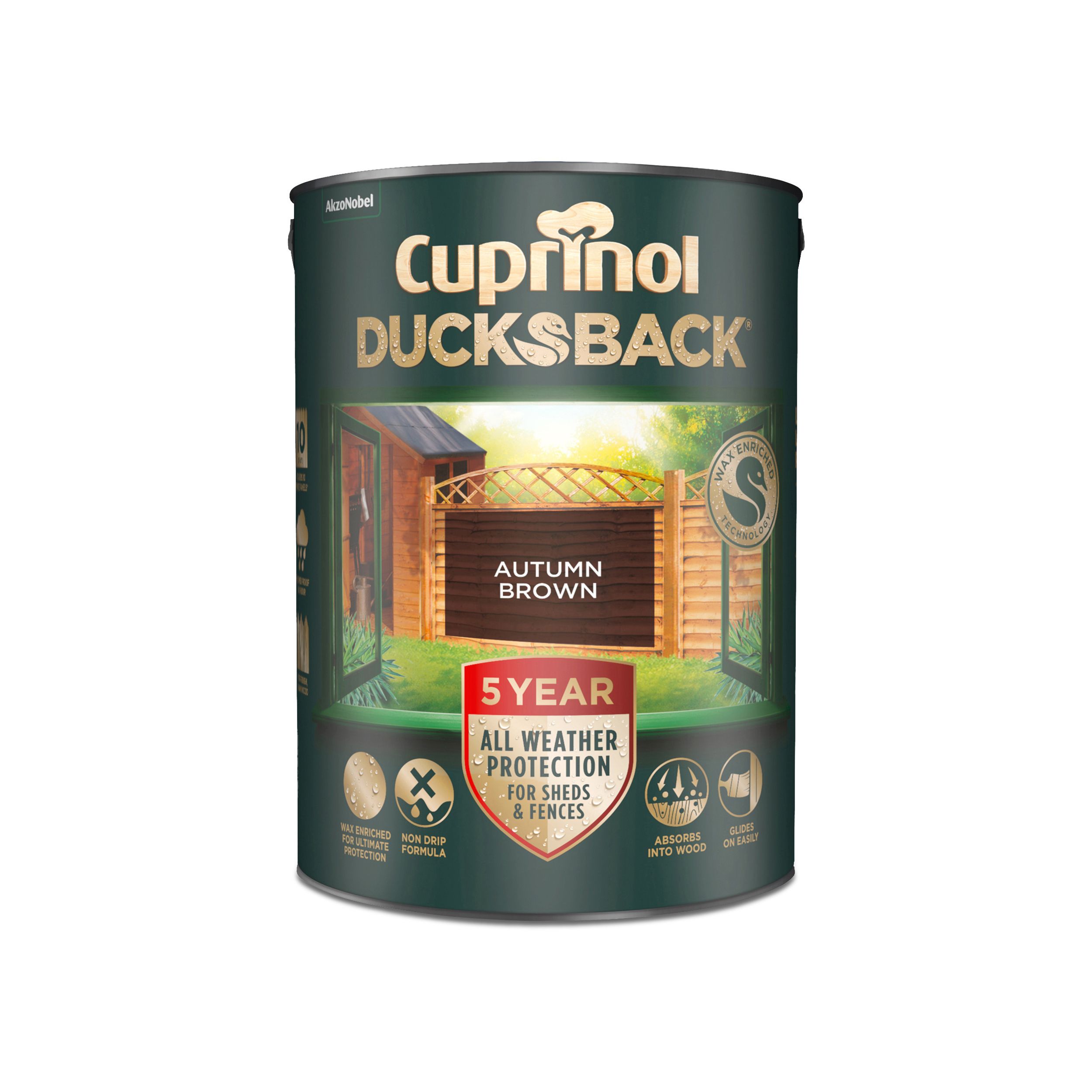 Cuprinol 5 year ducksback Autumn brown Exterior Fence & shed Treatment Wood paint, 5L