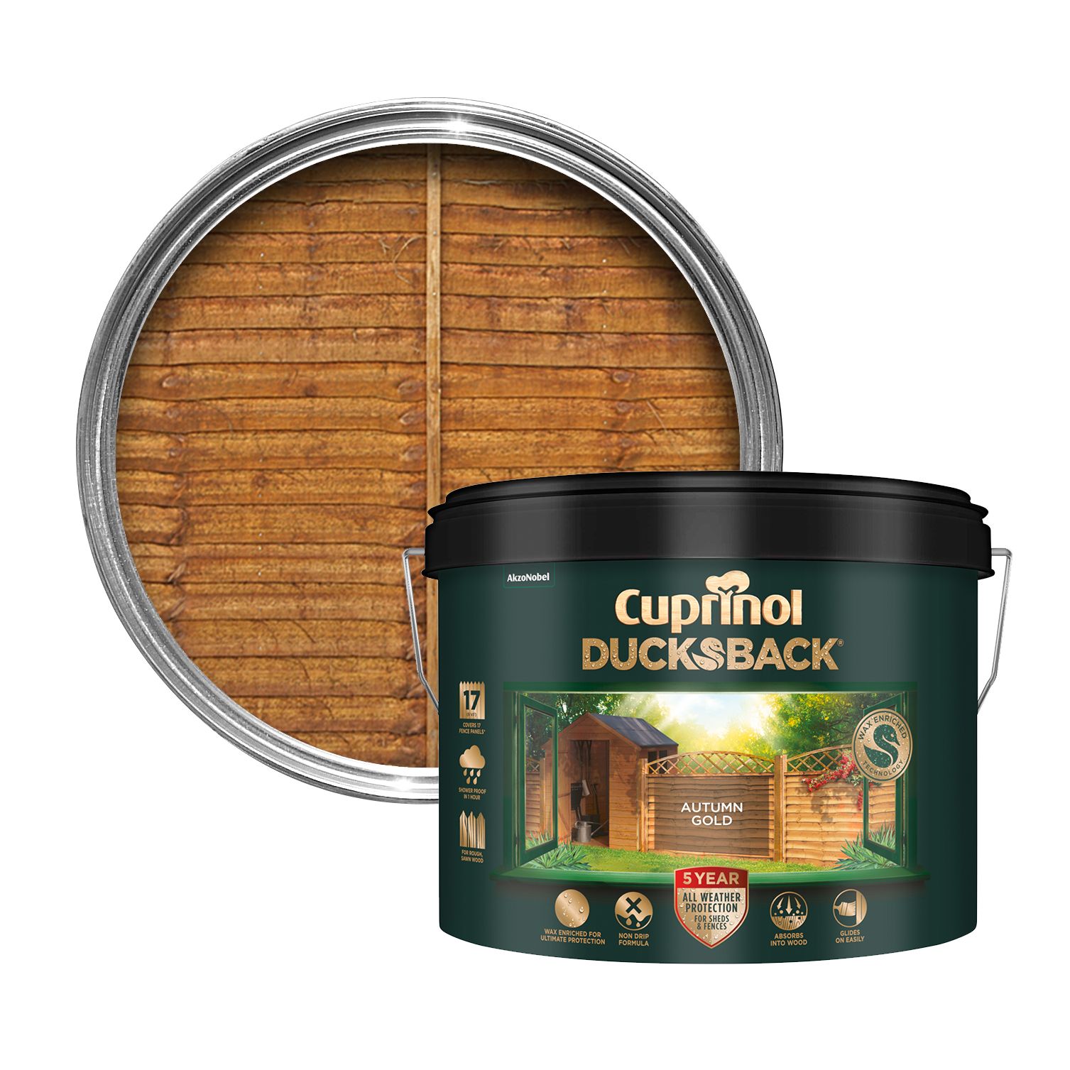 Cuprinol 5 year ducksback Autumn gold Exterior Fence & shed Treatment Wood paint, 9L