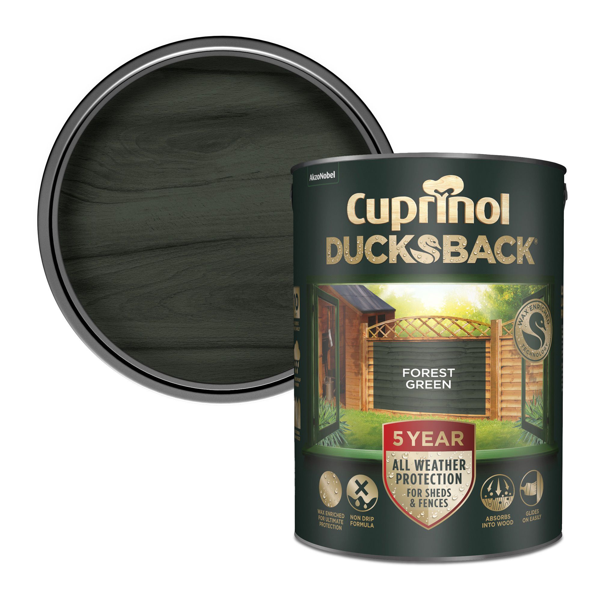 Cuprinol 5 year ducksback Forest green Exterior Fence & shed Treatment Wood paint, 5L Tin