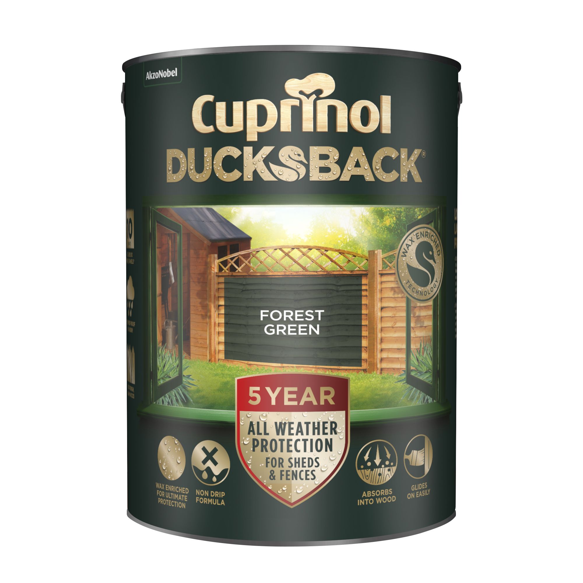 Cuprinol 5 year ducksback Forest green Exterior Fence & shed Treatment Wood paint, 5L Tin