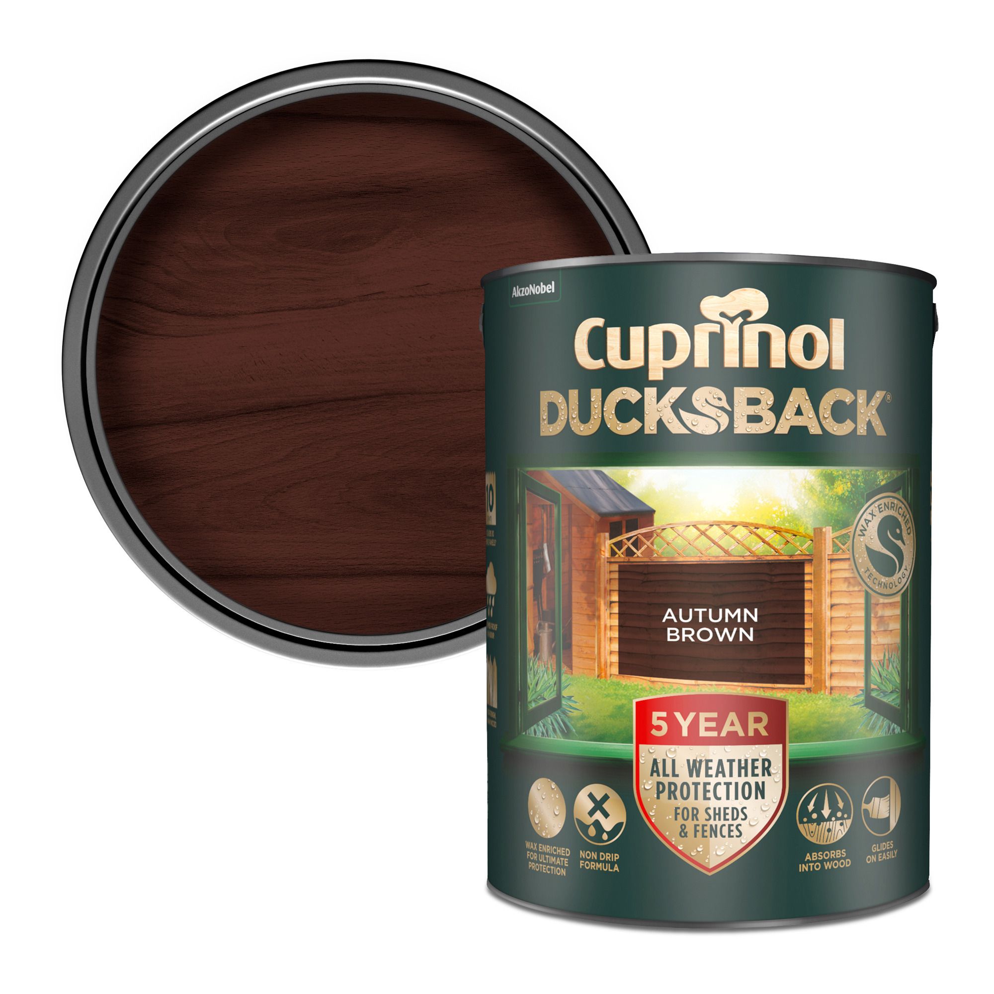 Cuprinol Ducksback Autumn brown Multi-surface Exterior Shed & fence Treatment Wood paint, 5L Tin
